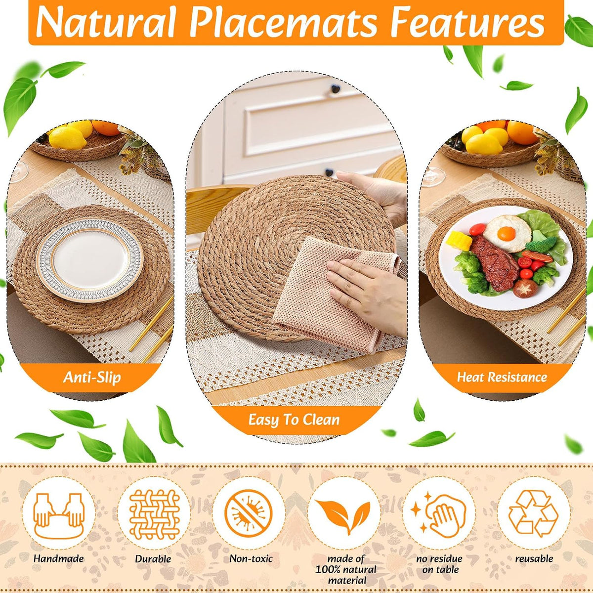 Boho Placemat Table Runner Napkin Rings, Khaki, 12x108, 8 Sets | Woven Mats for Dining with Wood Bead Rings, Cloth