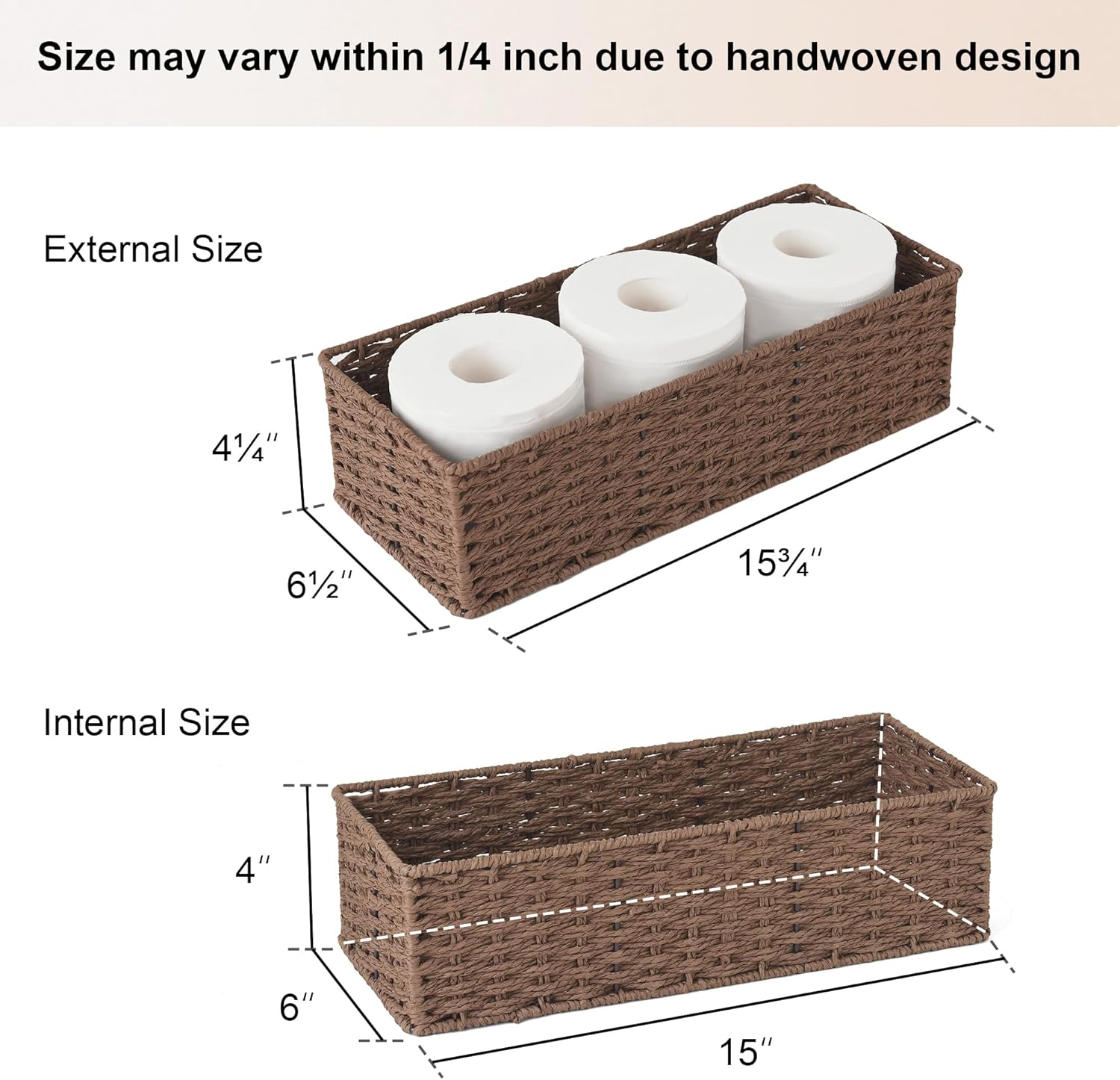 Wicker Basket / Round Paper Rope Toilet Tank Topper Basket / Brown / Set of 2