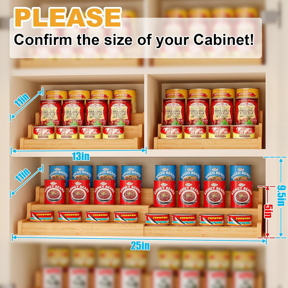 Expandable Bamboo Can Rack Organizer for Pantry, 3-Tier Adjustable Can Storage Holder, Soda Organizer Holds Up to 24