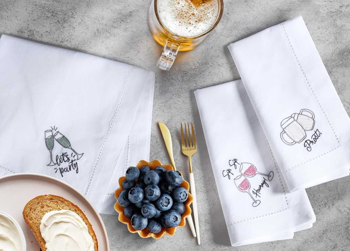 Bedding Craft Cotton Cloth Dinner Napkins Set of 12 – 18x18 Embroidered Motif with Decorative Hemstitch – Machine