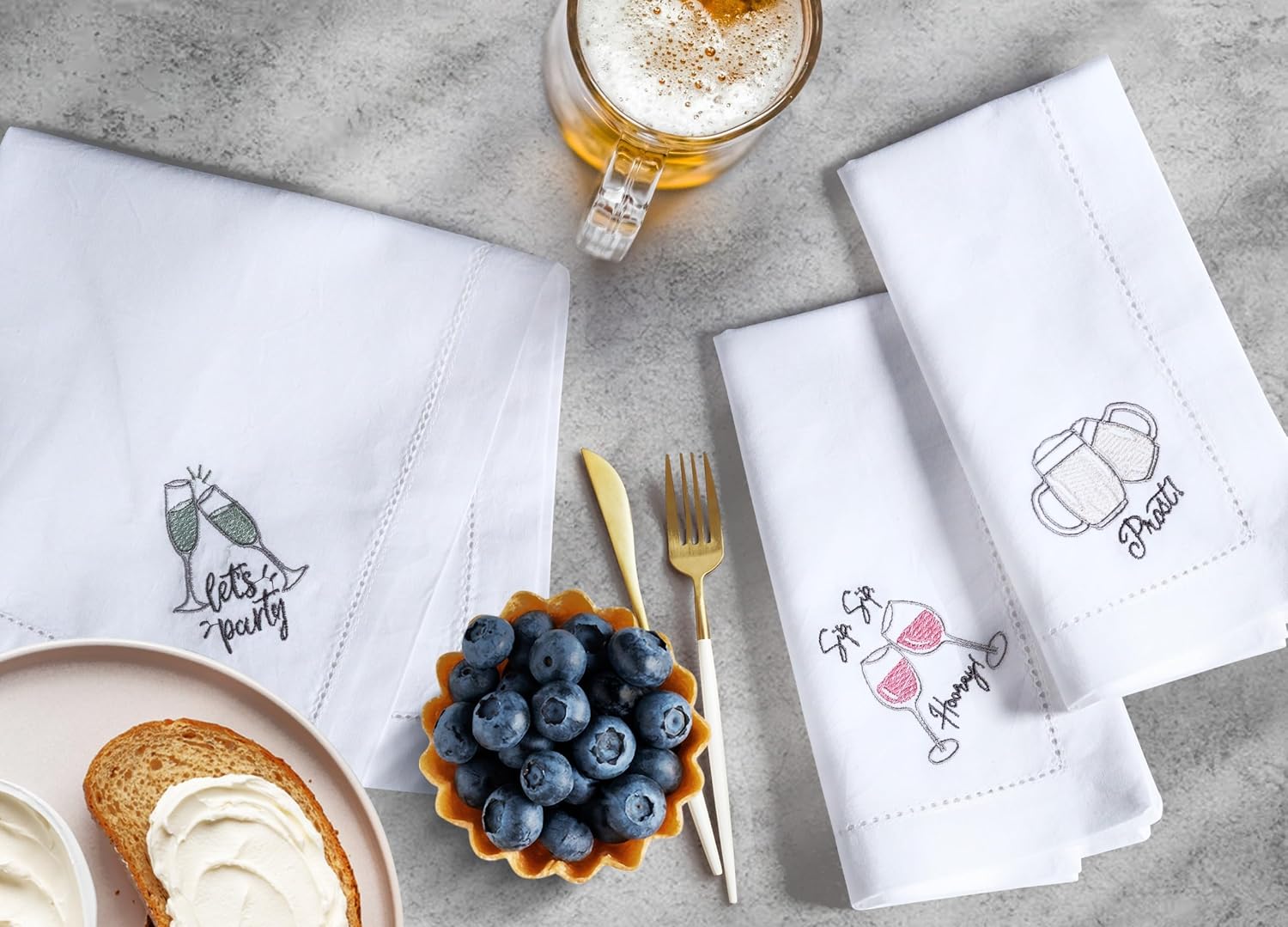 Bedding Craft Cotton Cloth Dinner Napkins Set of 12 – 18x18 Embroidered Motif with Decorative Hemstitch – Machine