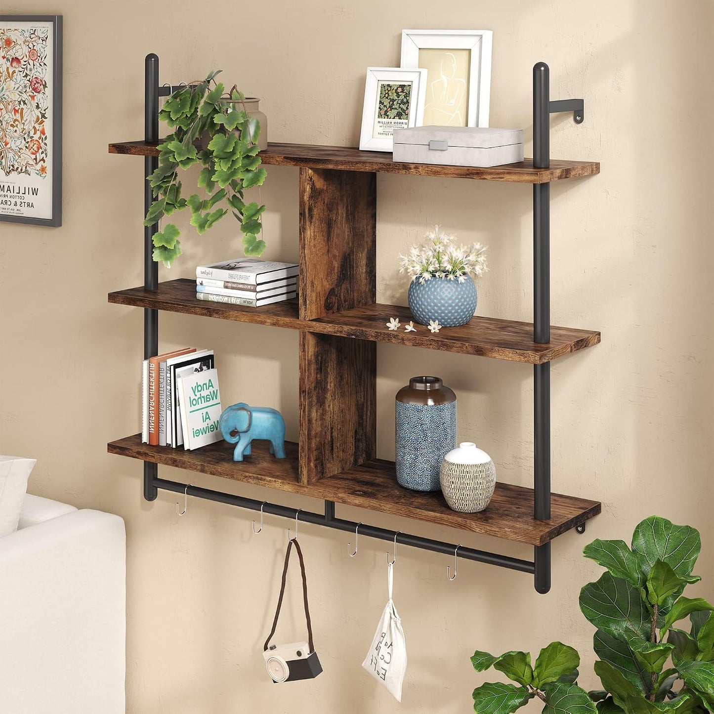 Bestier 41.5" Floating Shelves for Wall 3 Tier Kitchen Shelves Wall Mounted Coffee Bar Shelf Hanging Shelf with 8