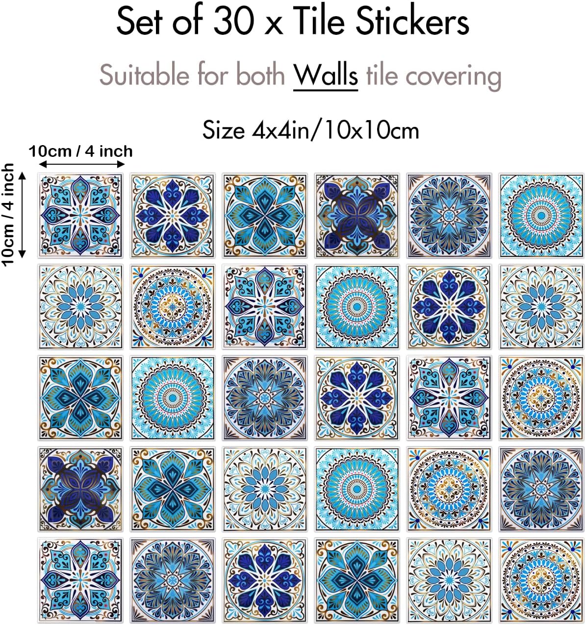 Gold Boho Mandala Peel and Stick Wall Stickers / Blue / 4 x 4 / Set of 30