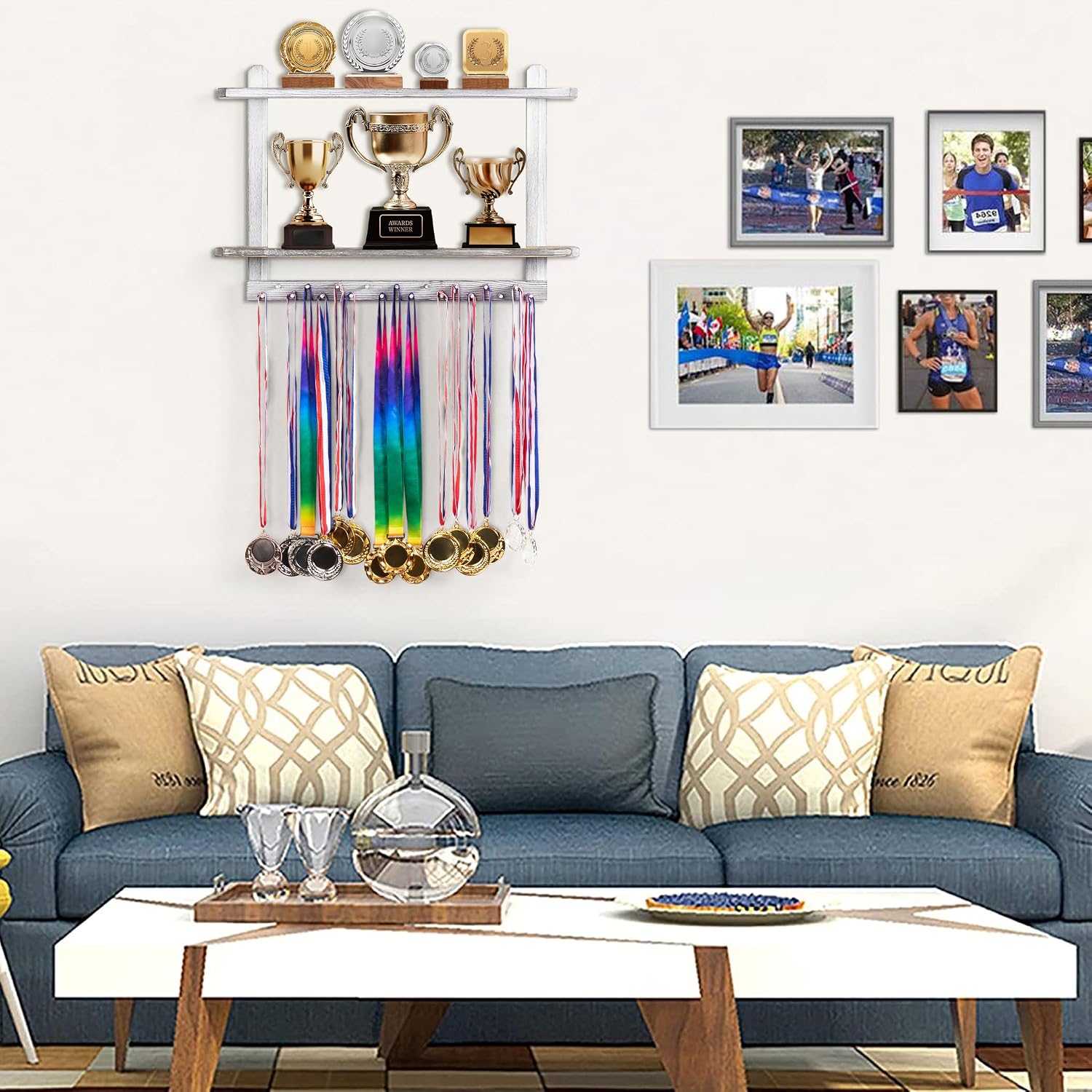 LAVIEVERT Wooden Medal Hanger & Trophy Shelf, Wall-Mounted Race Display with 2 Tier Storage Shelf and 19 Hanging Bars
