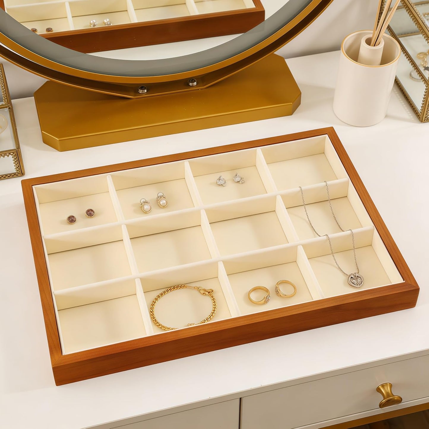 Wood Flat Jewelry Tray 12 Grid Display Wood / Old Lace / Bracelet Tray-w 9.45" x H 1.18"x L 13.78
