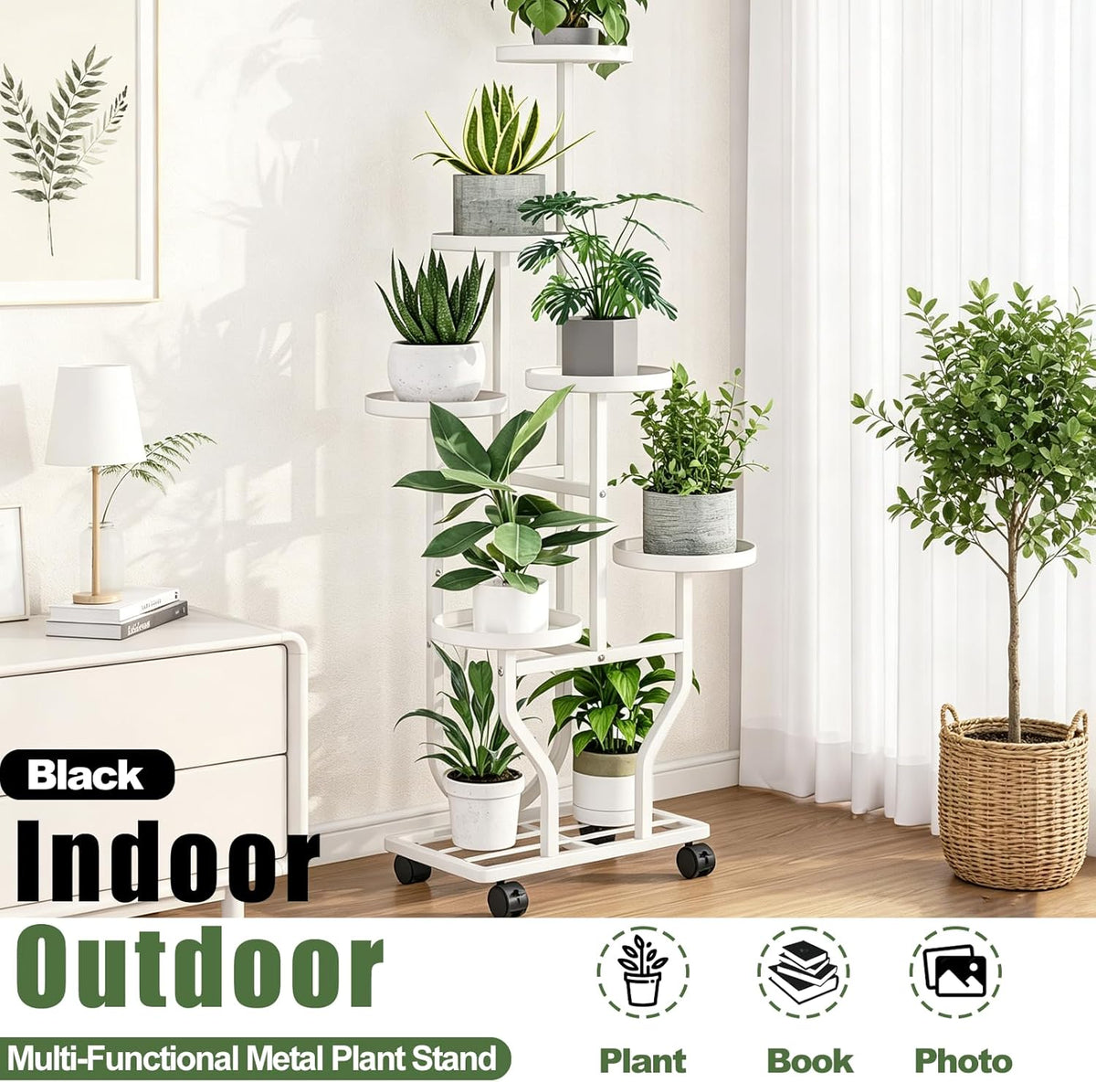 Plant Stand with Wheels, White 6 Tier Metal Plant Shelf for Indoor Outdoor | Corner Plants Stand Indoor for Bedroom