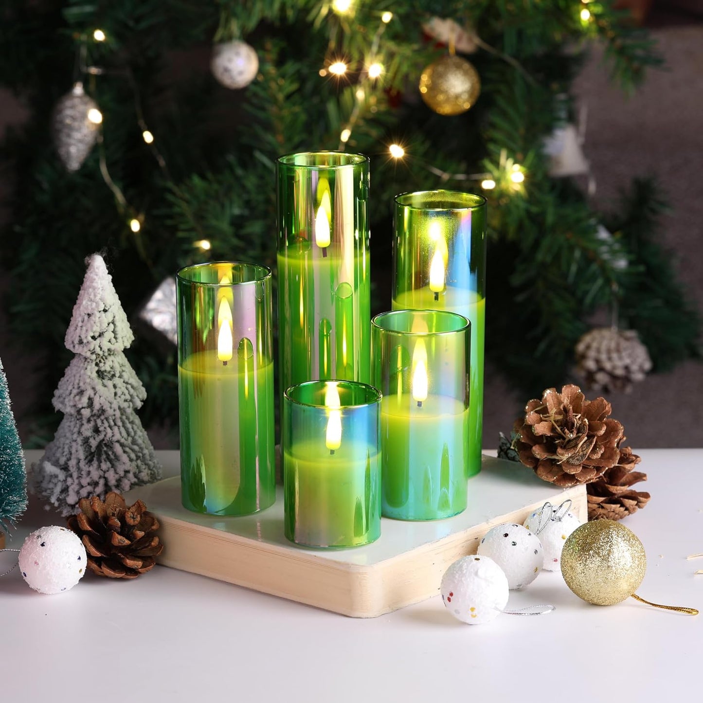 Green Glass LED Pillar Candles with Remote Batteries Set of 5 | Flickering Slim Tall LED Candles, Fireplace Home Table