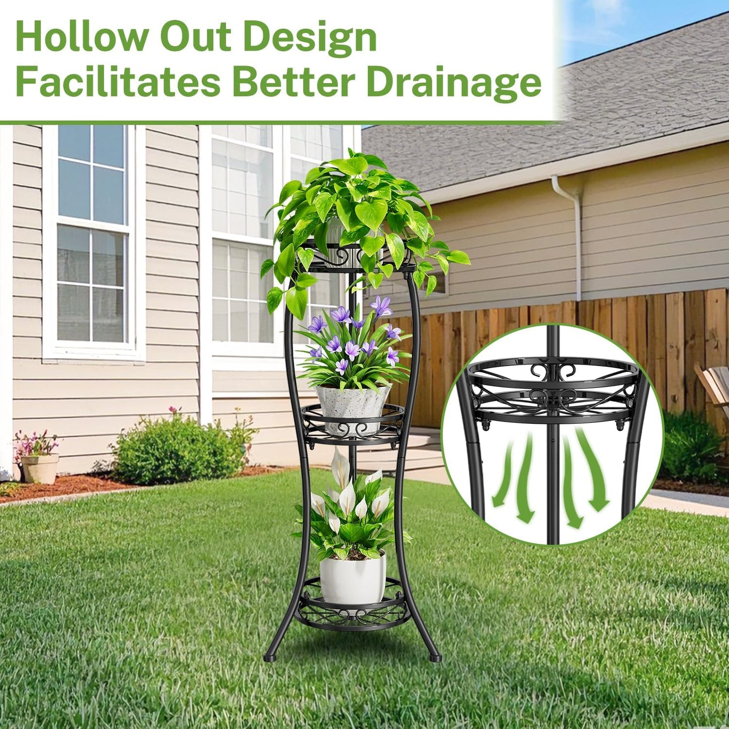 iDavosic.ly 3 Tier Metal Plant Stand Outdoor Indoor, 34 Inch Tall, Black | Corner Flower Pot Holder Shelf, Wrought Iron