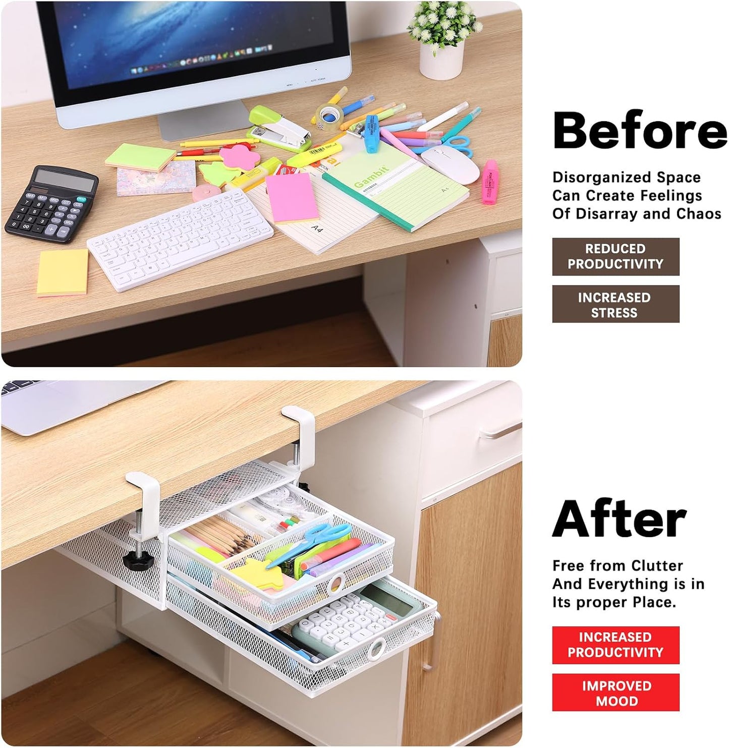 Under Desk Drawer, Clamp on Desk Organizer Slide Out Table Storage No Drill | 2Tier Under desk drawer: clamp on desk