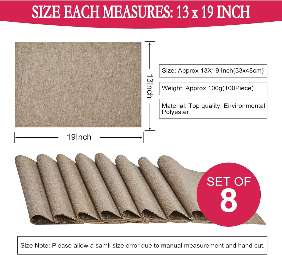 Cloth Place Mats Set of 8–Reusable Rectangular Waterproof Fabric Polyester Washable Wipeable Heat Resistant Linen for