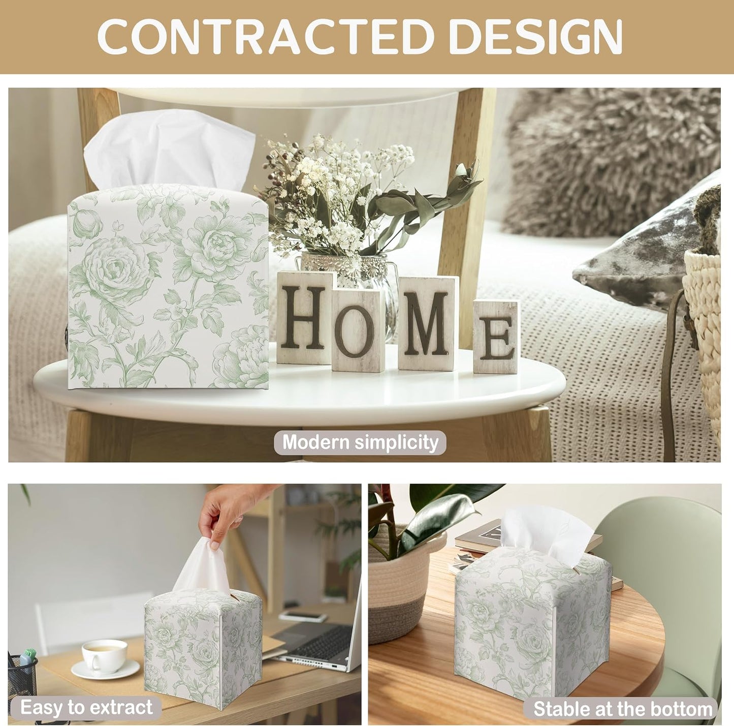 Tissue Box Cover / Green and White Floral