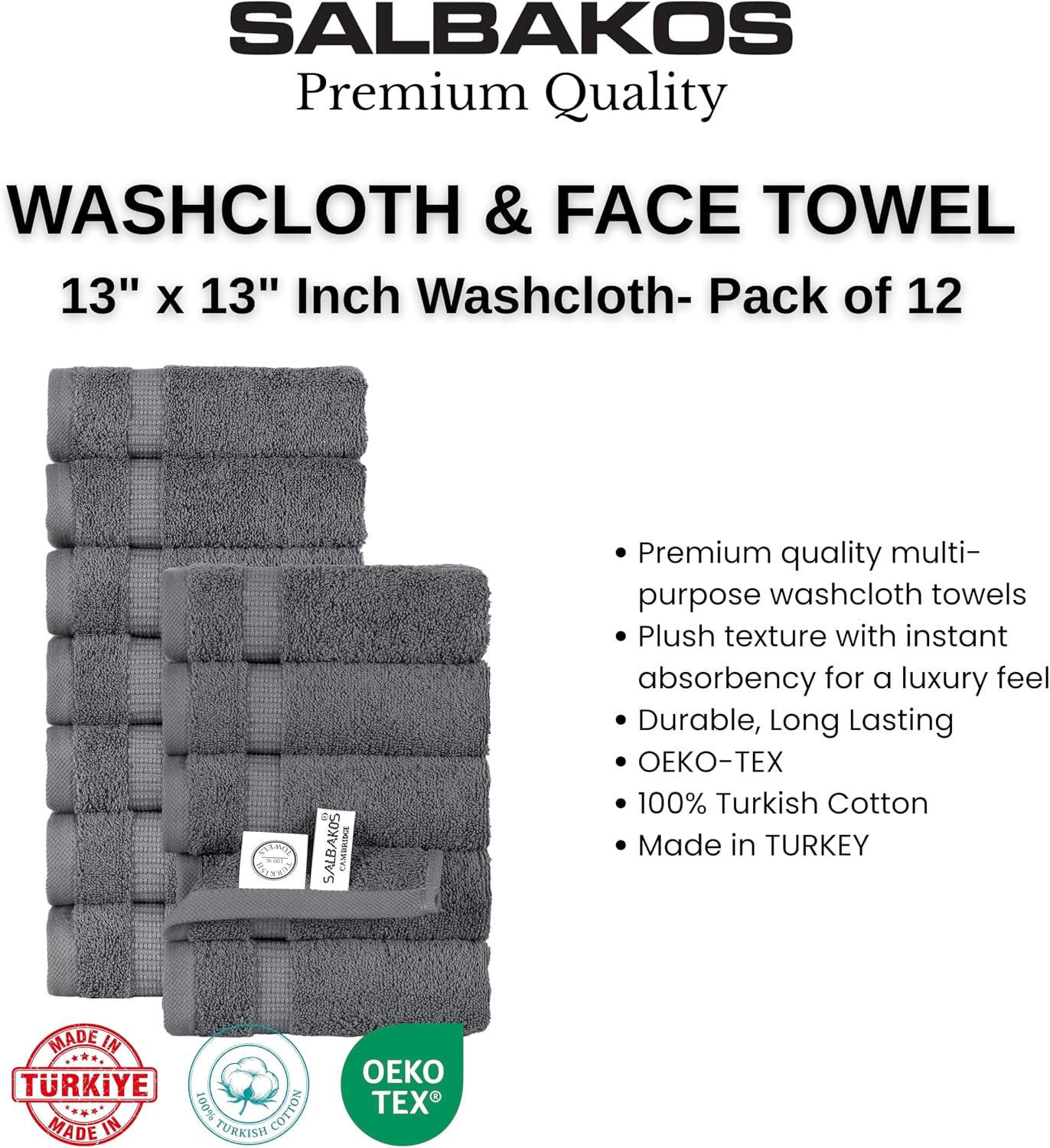 SALBAKOS 12-Piece 100% Turkish Cotton Washcloths and Face Towels, Gray | 13x13 in Standard Size Small Towel, Multi-use
