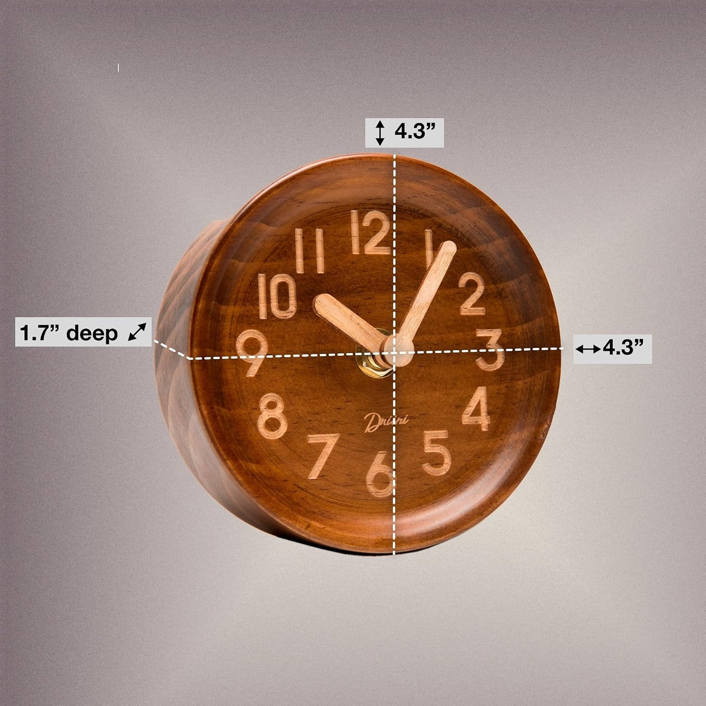 Driini Wooden Analog Desktop Clock – 4.3 in. Decorative Pinewood, No-Tick Design – Easy to Read Silent Sweep Mantle