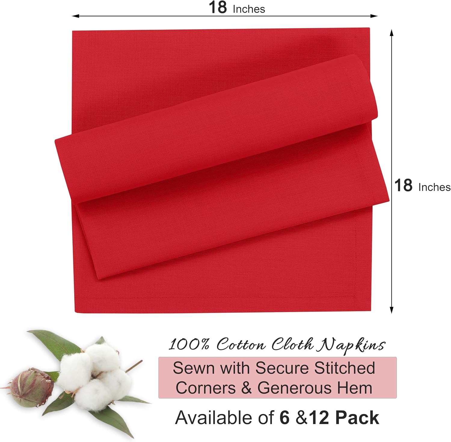 Ruvanti Cloth Napkins Set of 12, 100% Cotton 18”x18” - Flame Scarlet | Washable, Soft, Durable & Absorbent Everyday