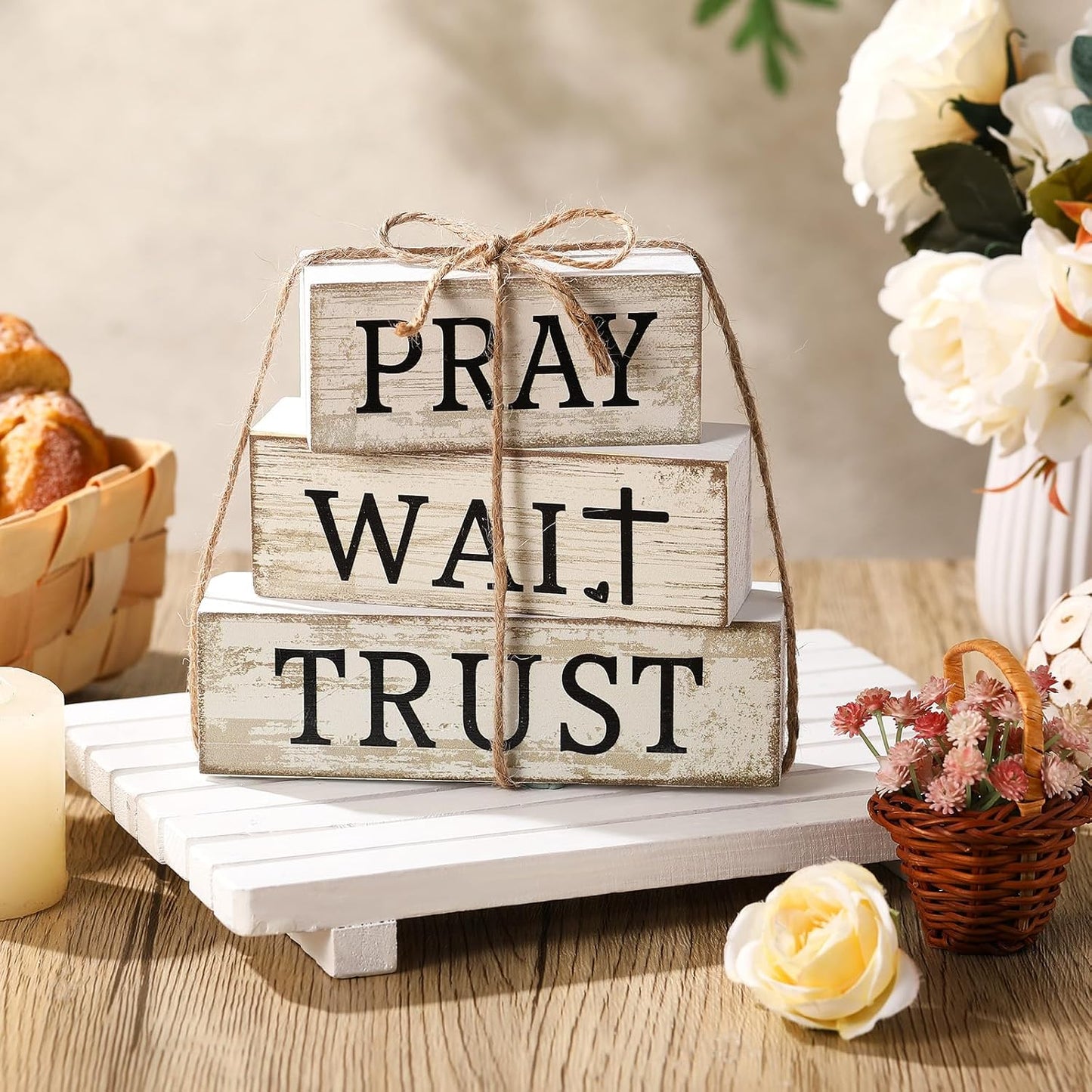 Farmhouse Wooden Table Decor Christian Tiered Tray Decorations Rustic / Pray / White / Set of 4