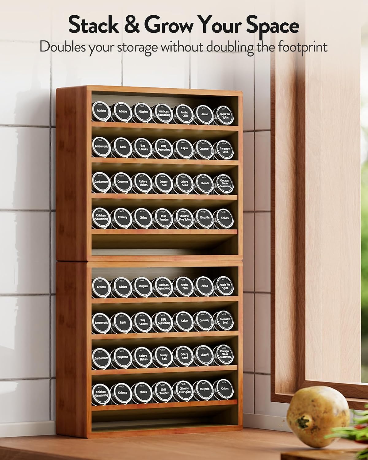 Orimade 4 Tier Spice Rack Organizer for Cabinet, Freestanding Bamboo Seasoning Rack for Countertop, Cupboard, Pantry
