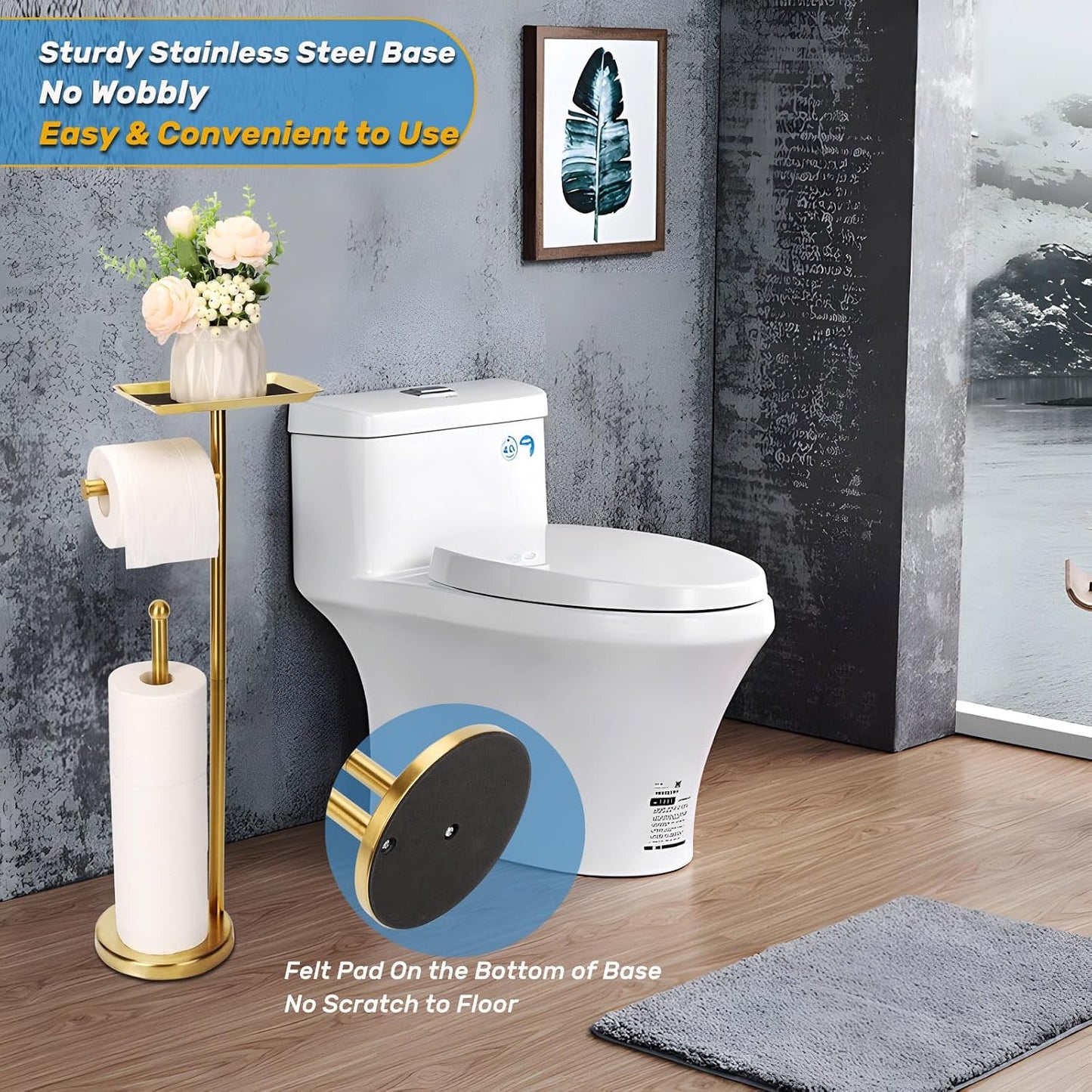 Exilon Toilet Paper Holder Stand for Bathroom Floor Freestanding Toilet Roll Dispenser Storages 4 Reserve Rolls, with