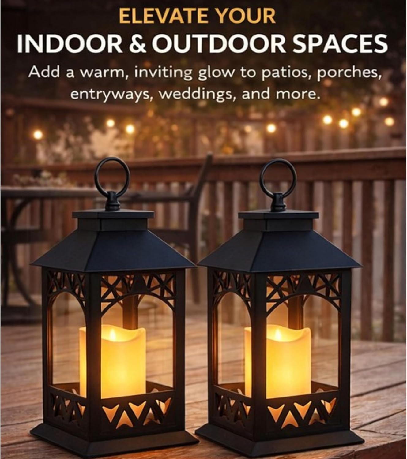 Black LED Lantern Set of 2 with Lattice Design & Pillar Candles – Lighted Decorative Lanterns with 4 Hour Timer –