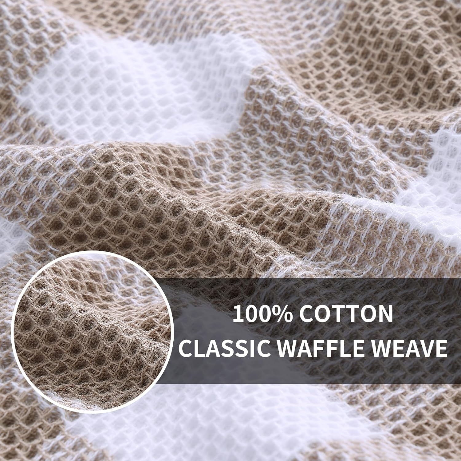 Homaxy Kitchen Towels and Dishcloths Set, Set of 12, White & Khaki | Bulk Cotton Waffle Weave Check Plaid Kitchen