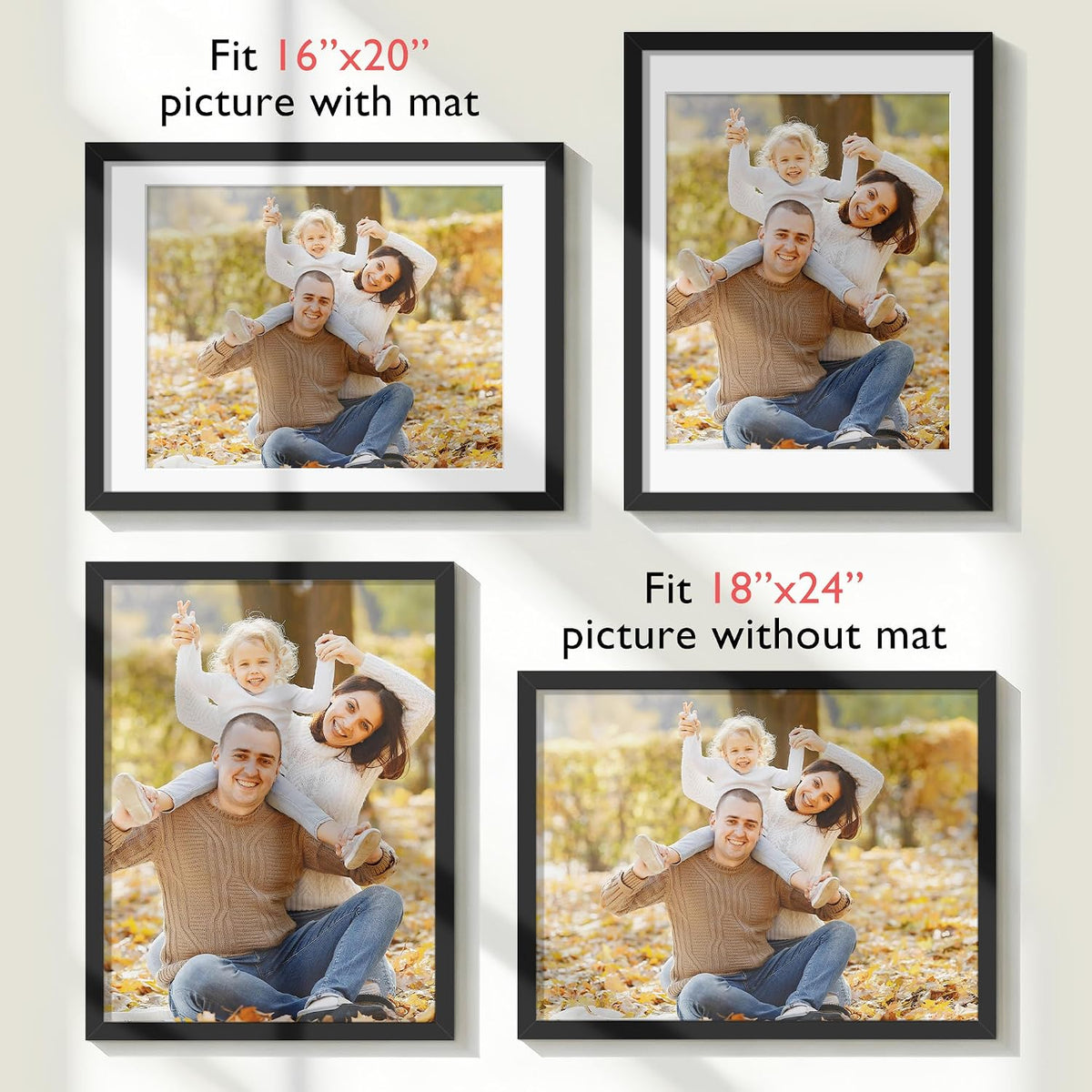18x24 Frame Black 5 Pack, for Horizontal or Vertical Wall Mounting | Display Pictures 16x20 with Mat or 18 x 24 without