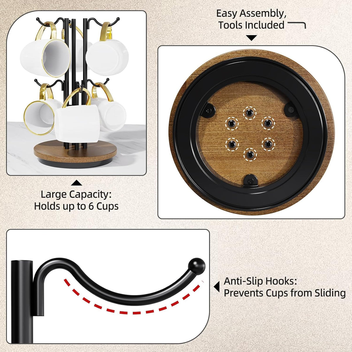 6-Hook 360° Rotating Large Coffee Mug Tree for Counter, Wood Base, Brown | 360° rotation, 6 mugs (12-16oz), 5.7"