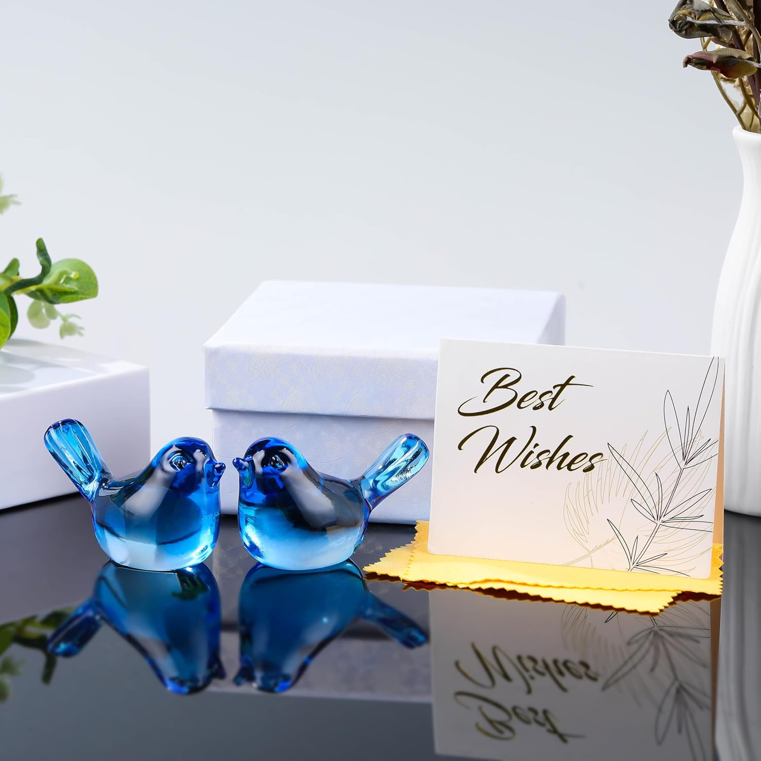 Handmade Blown Glass Birds Animals Figurines Crystal Office Desk Table / Sky Blue / Set of 2