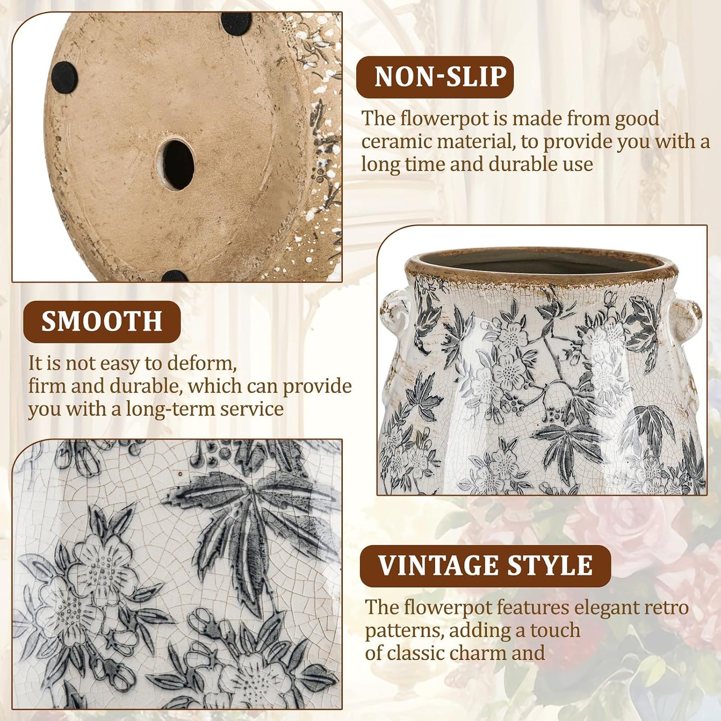 Ceramic Scroll Planter Chinoiserie Floral Vase / Retro Gray / 6.5 Inch