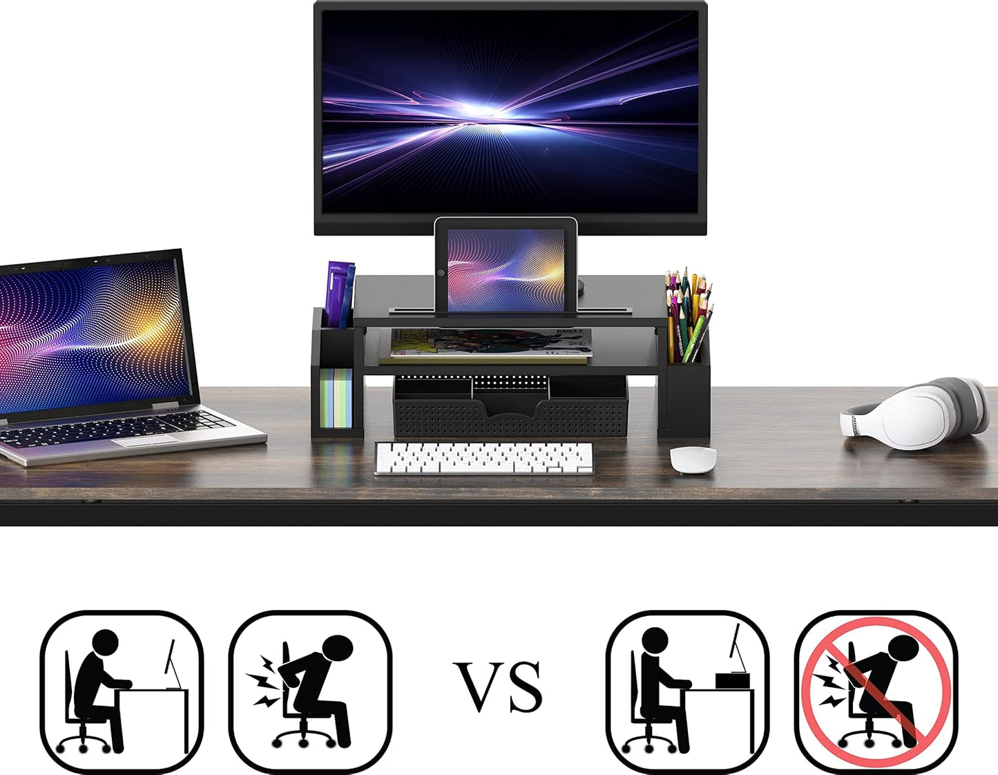 Simple Houseware Desk Monitor Stand Riser w/ Adjustable Tray, Black | Built-In Tablet Slot and Side Storage