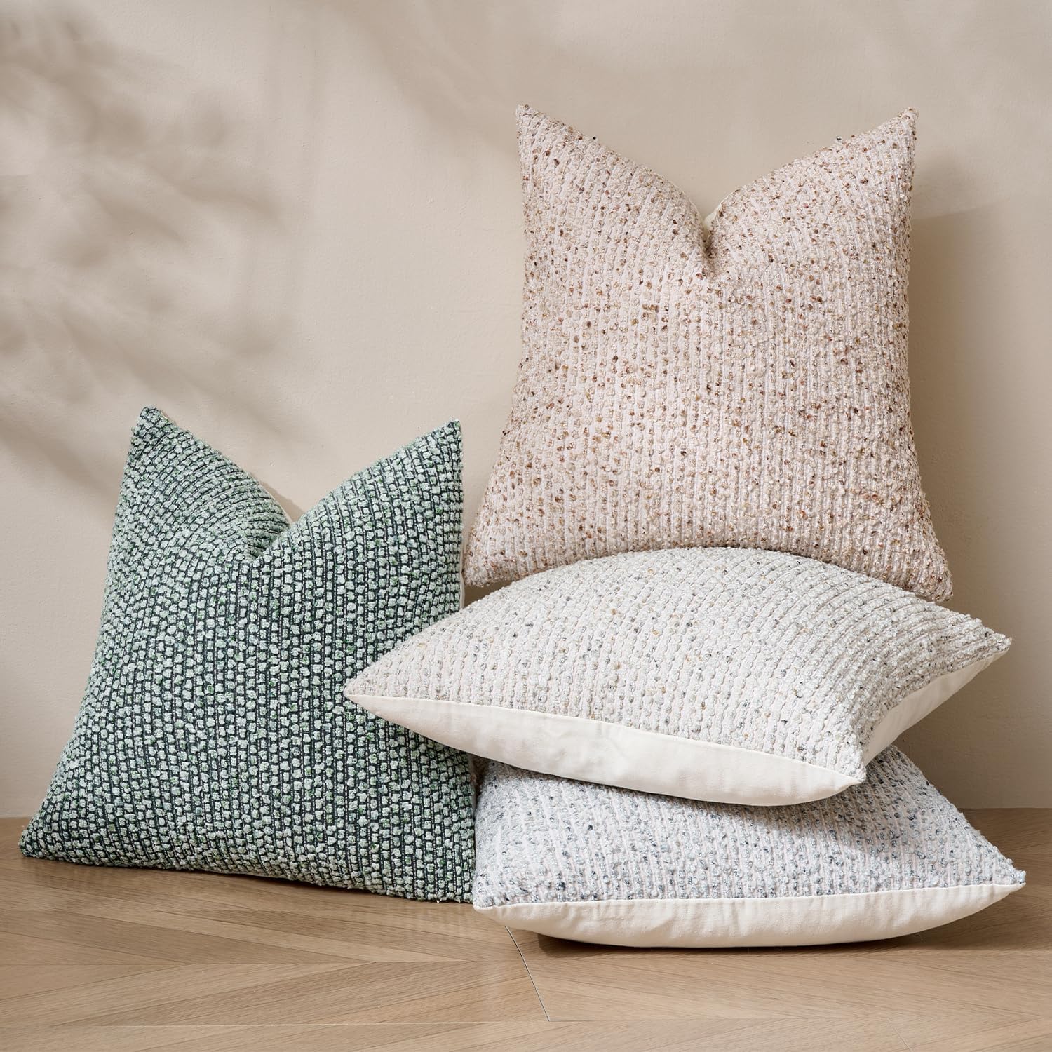 Striped Throw Pillow Covers Textured Boucle Chic Morden Boho Accent / Green / 18 x 18 / Set of 2