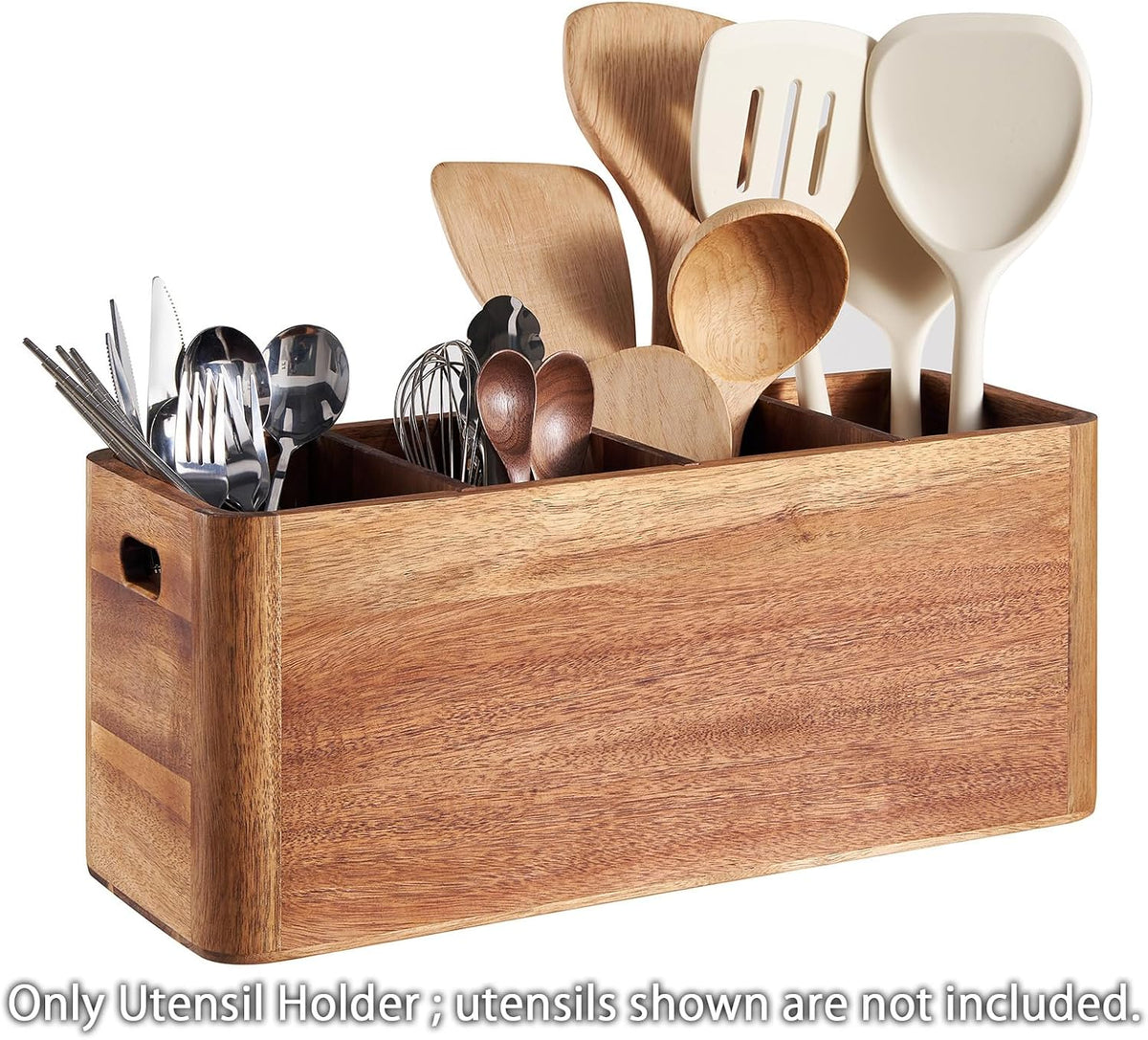 16" Wooden Kitchen Utensil Holder, Extra Large Acacia Wood Organizer for Cooking Tools, Utensils & Cutlery Storage –