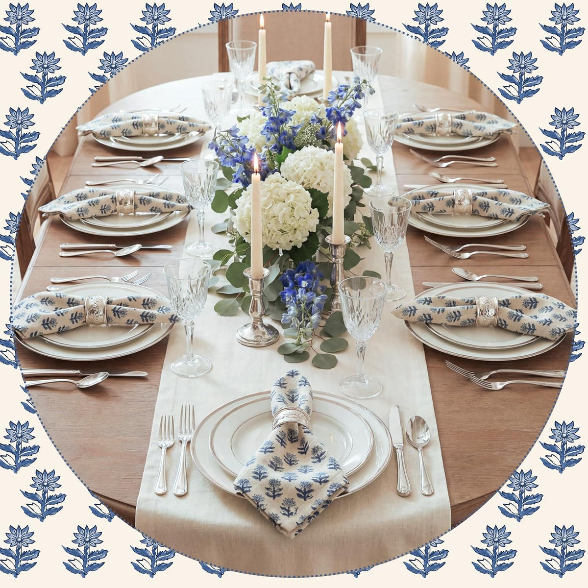 Set of 12 Floral Cloth Napkins Blue Linen Cloth Napkins Spring Flower Wildflowers Dinner Napkin 15 x 15 Inch Vintage