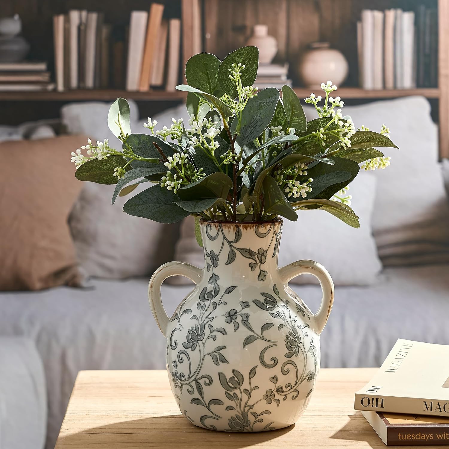 Ceramic Vintage Pastoral Vase / 18785-gray Floral / 7 Inch