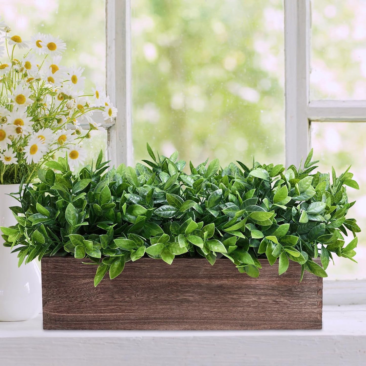 14" Artificial Boxwood Plants in Rectangular Wood Planter Farmhouse Greenery / Boxwood In Natural