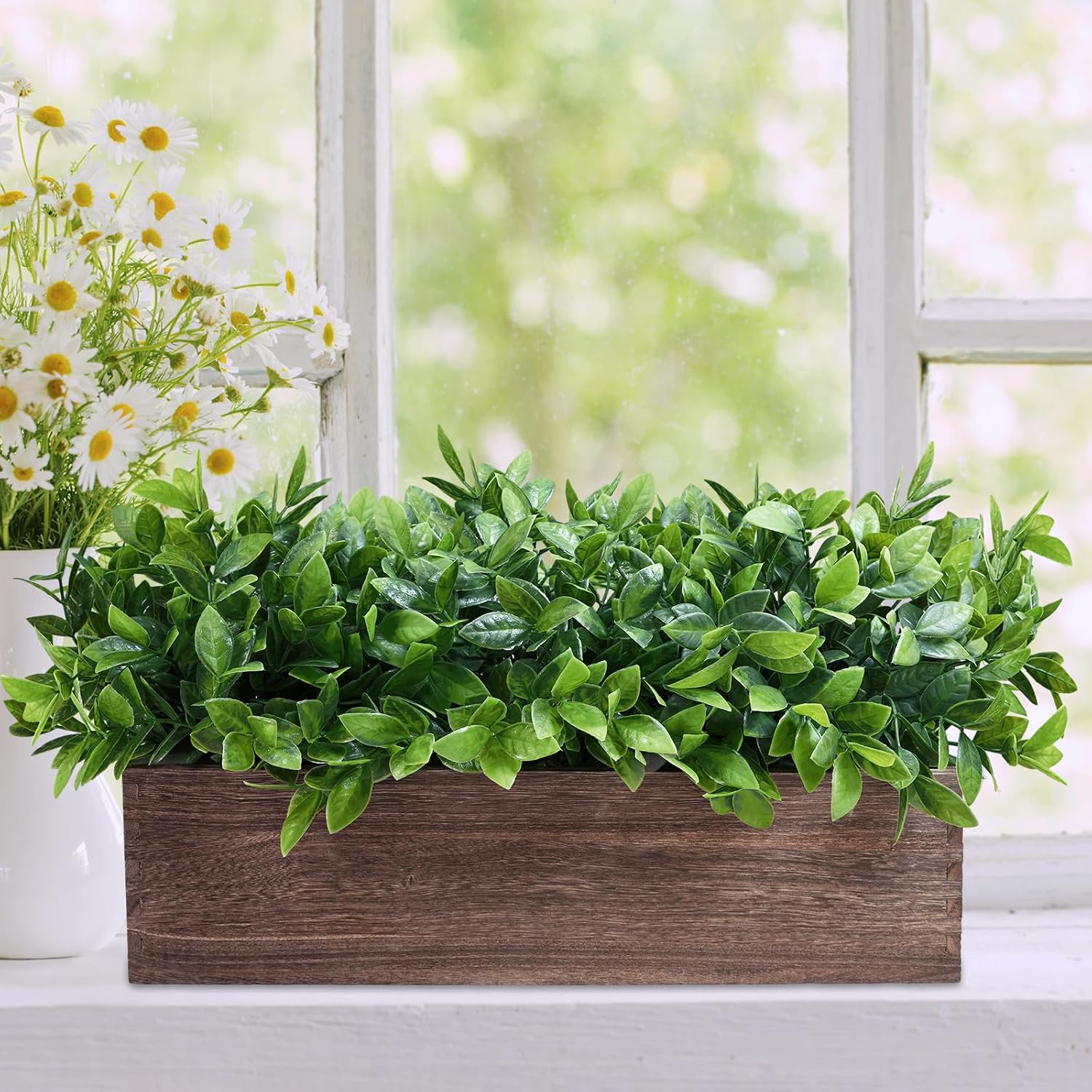 14" Artificial Boxwood Plants in Rectangular Wood Planter Farmhouse Greenery / Boxwood In Natural