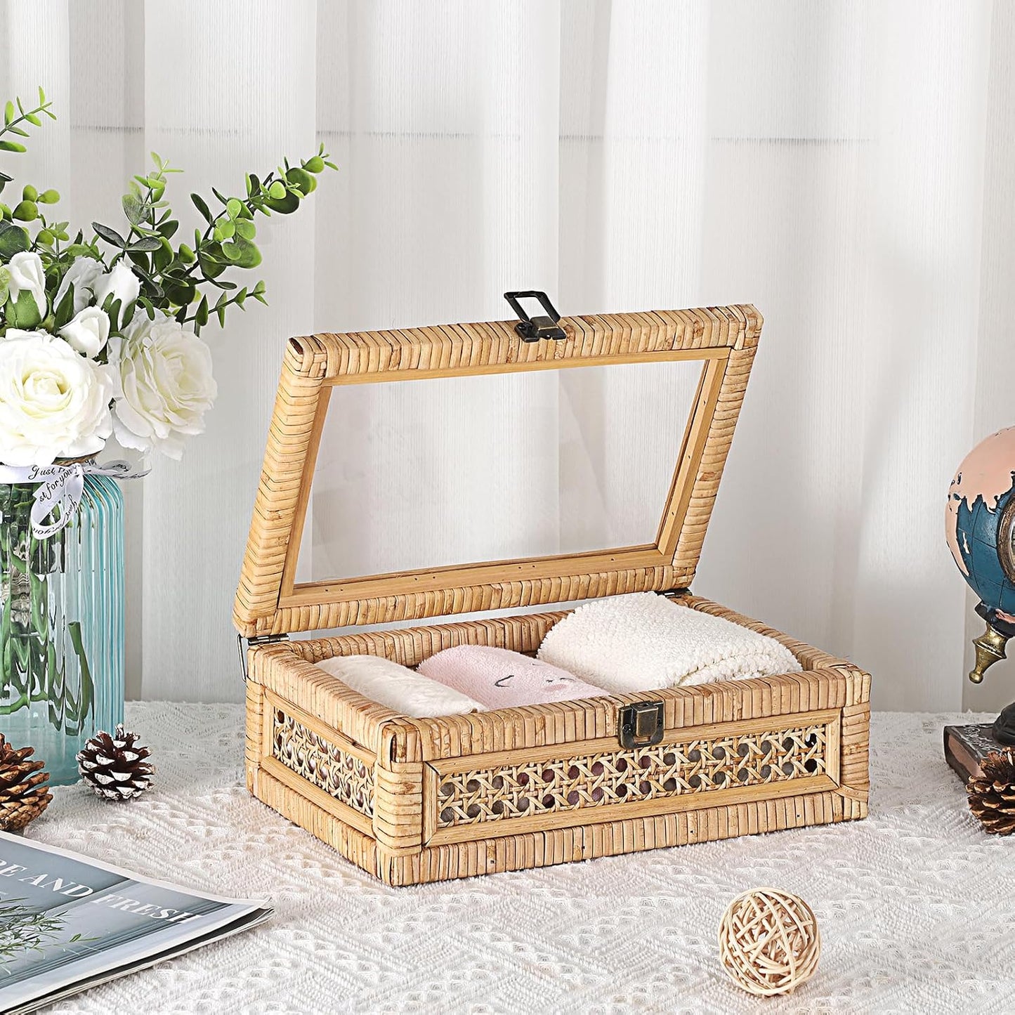 Clear Lid Rectangular Wicker Storage Basket Bin / 11 x 7.1 x 4 / Small / Natural Color