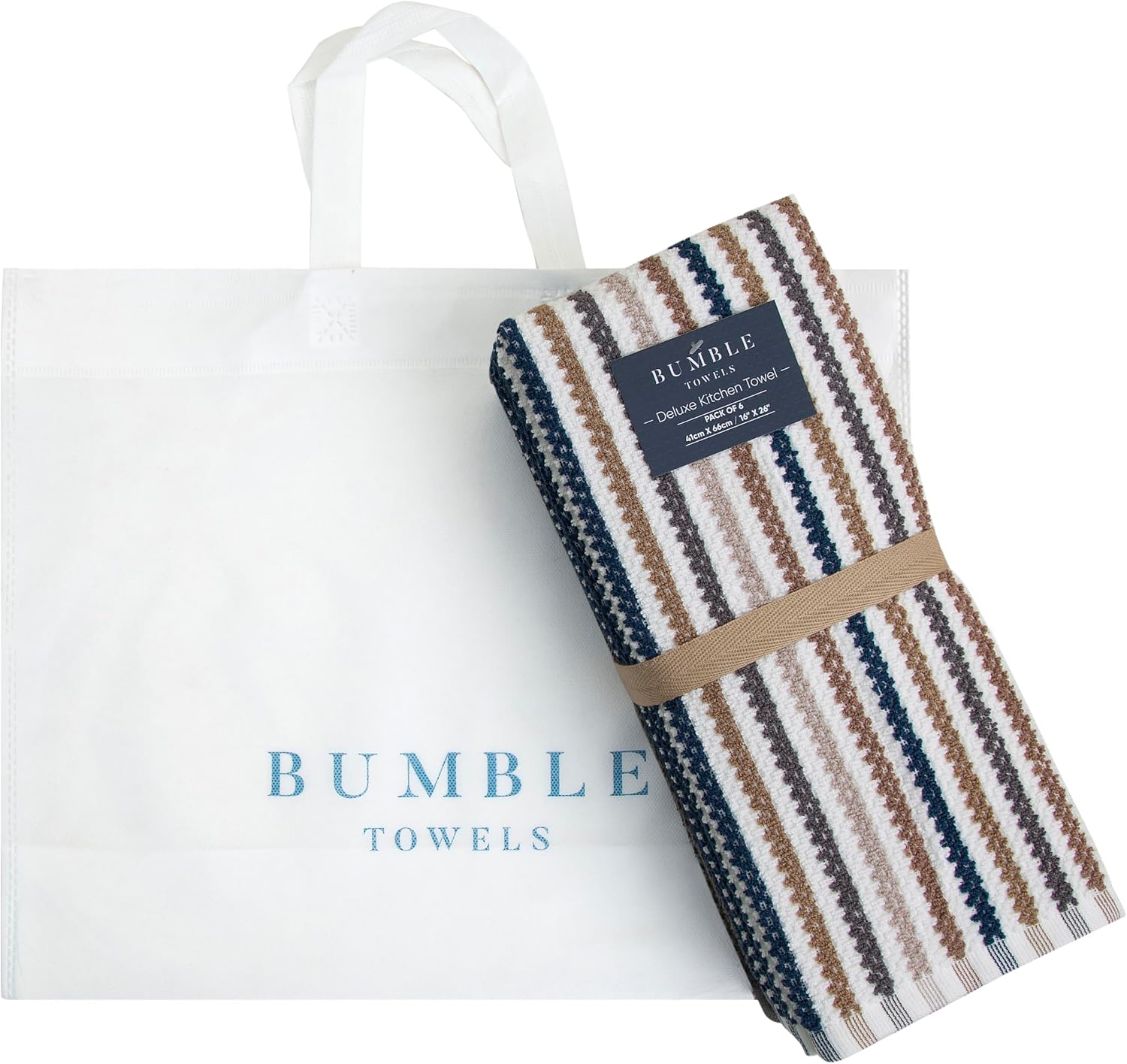 Bumble Kitchen Towels 6 Pack 100% Cotton 16"x26" - Grey Wide Stripe | 430 GSM Soft Kitchen Hand Towels with Hanging