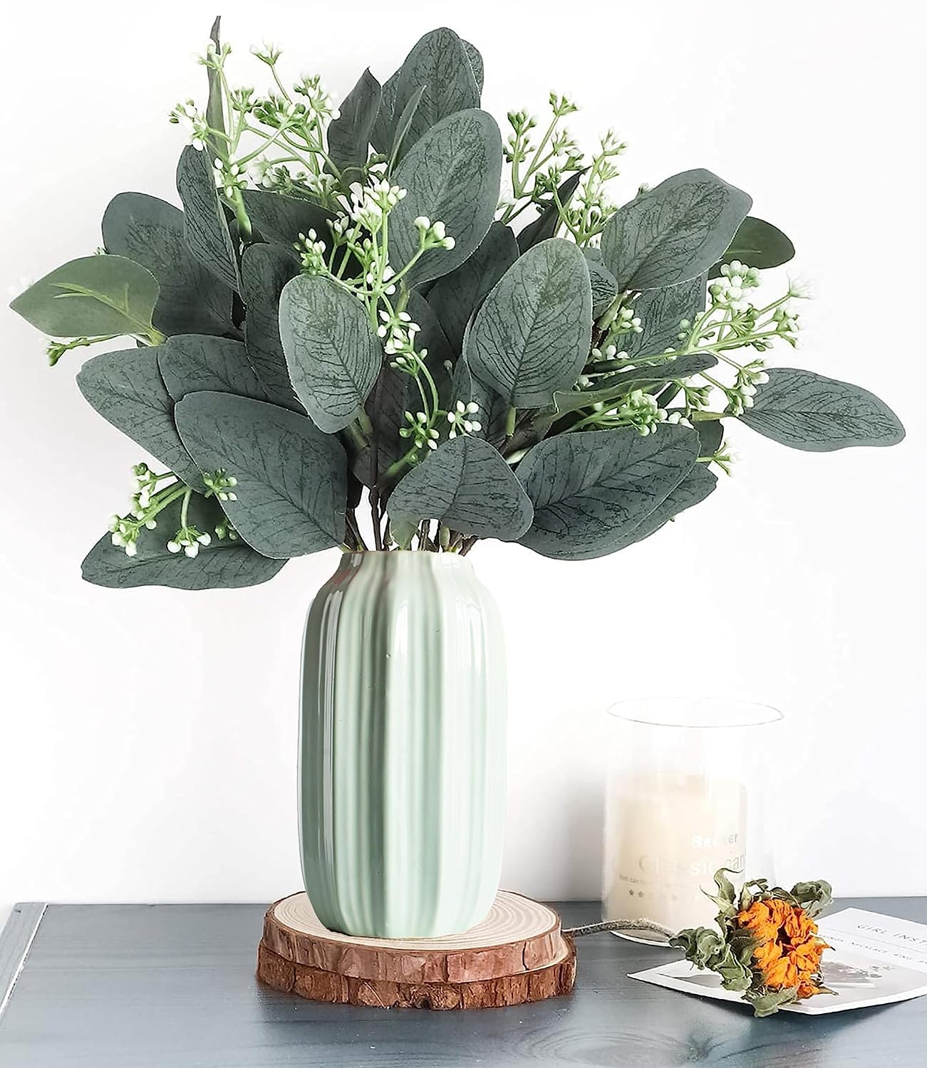 Artificial Leaves Seeded Eucalyptus Greenery Faux Plant Branches / Silver / Set of 80