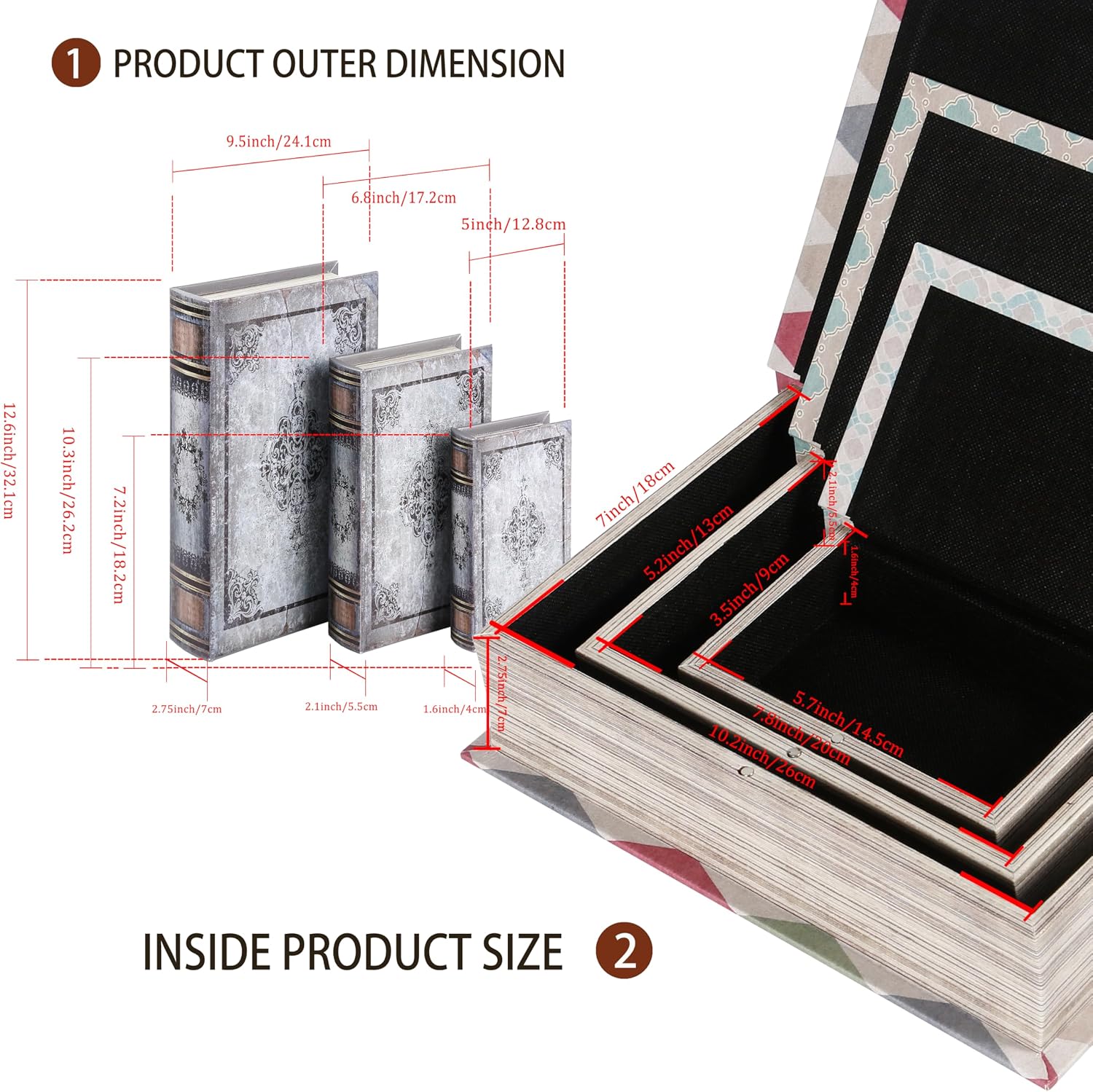 Wooden Book Box / 3 x Gray Vintage / Set of 3