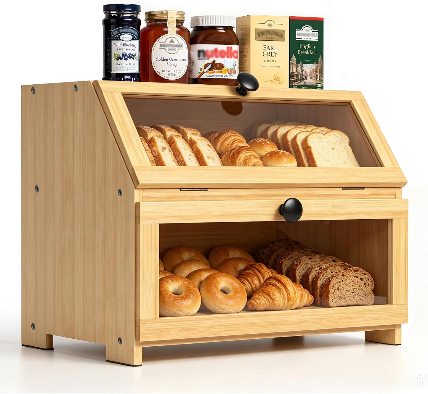Bamboo Bread Box for Kitchen Countertop, Large Bread Storage Container Bin 2 Layer Breadbox Holder for Kitchen Counter