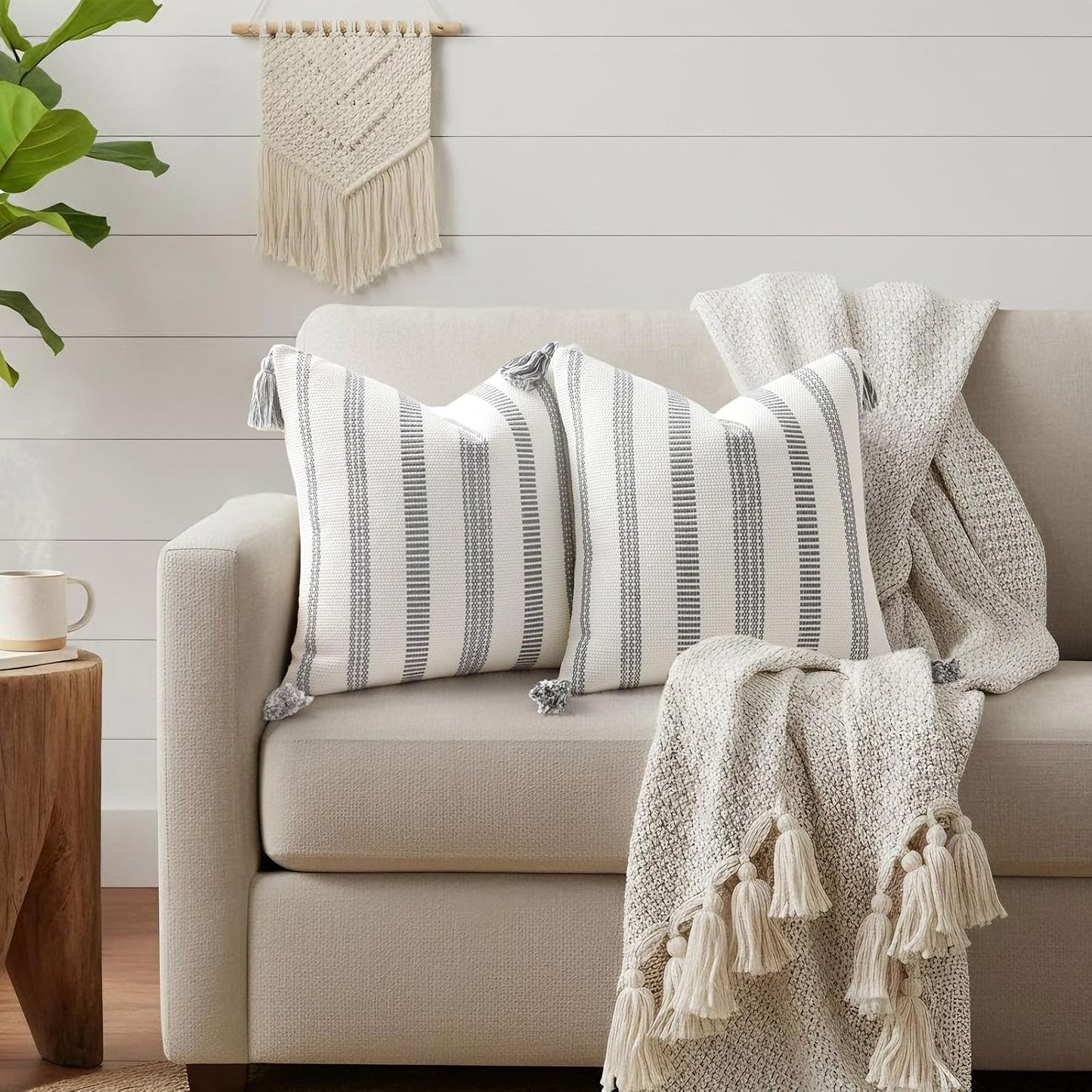 Boho Outdoor Couch Throw Pillow Covers Decorative Thick / Grey and Cream White / 20 x 20 / Set of 2