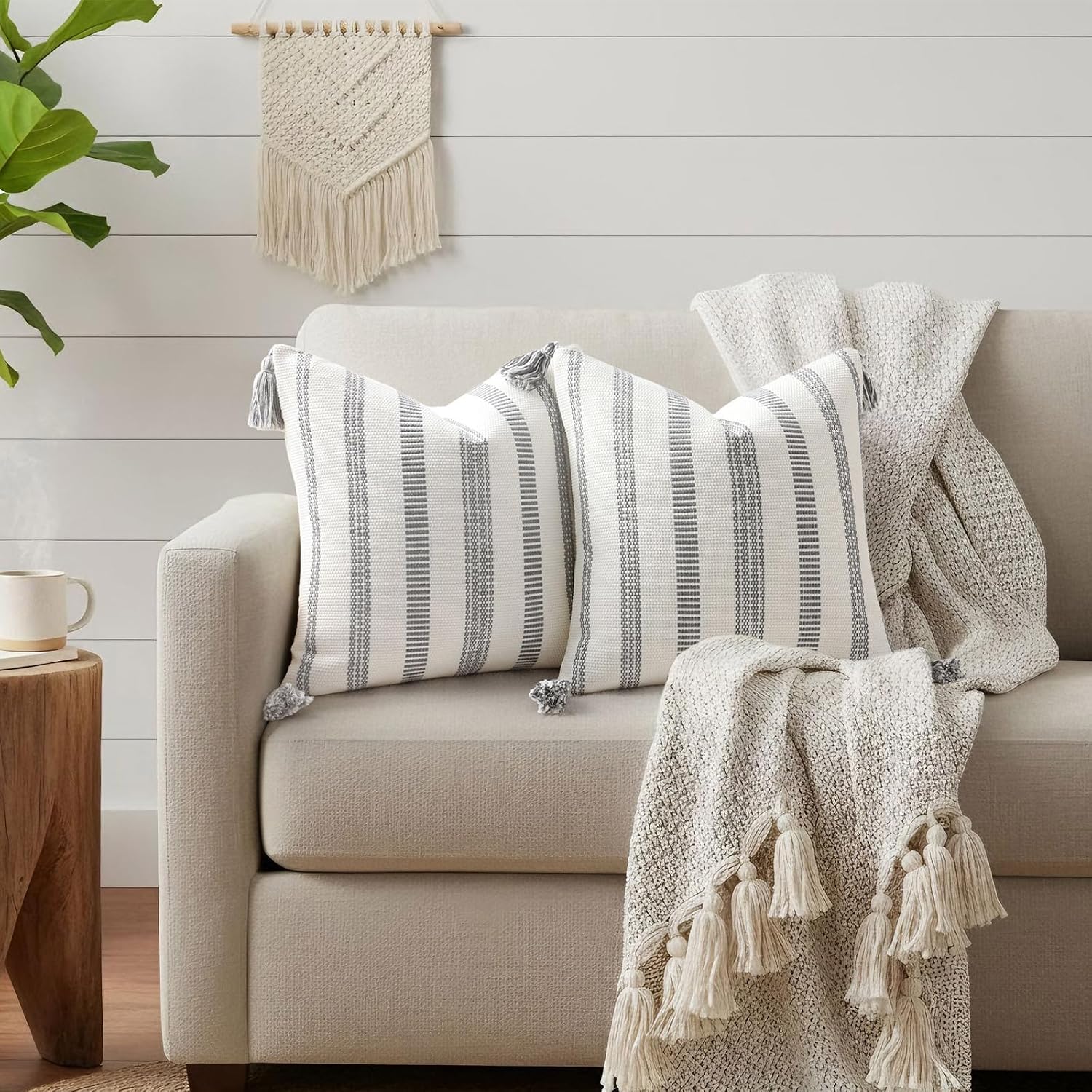 Boho Outdoor Couch Throw Pillow Covers Decorative Thick / Grey and Cream White / 20 x 20 / Set of 2