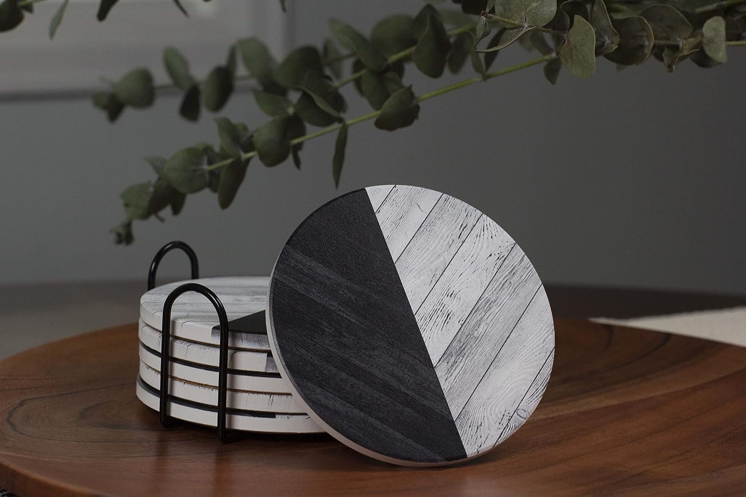 Ceramic Coasters for Drinks / Black & White Parquet Wood / Set of 6