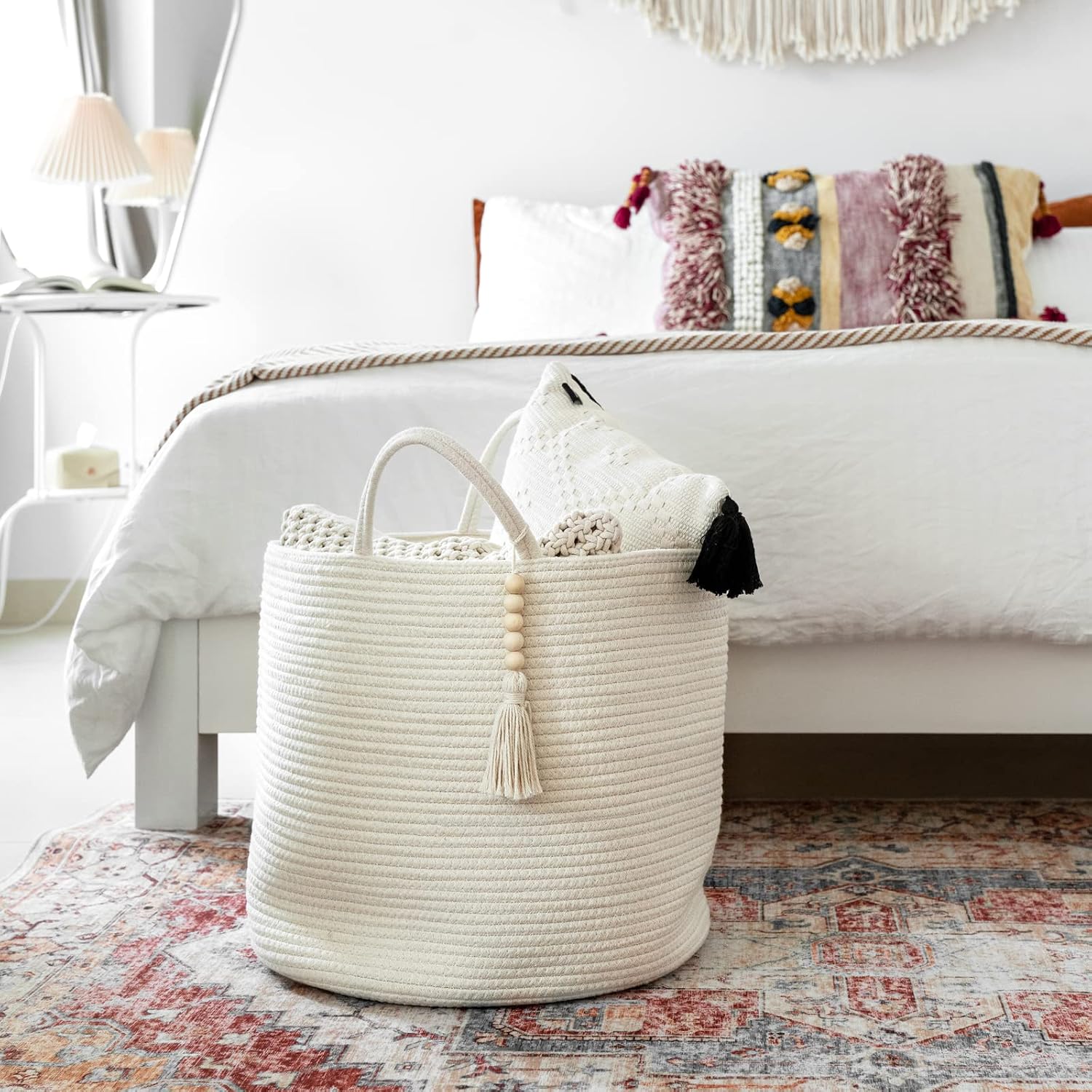 Woven Storage Basket Decorative Natural Rope Basket Wooden Bead Decoration / White / 16" W x 13.8"L