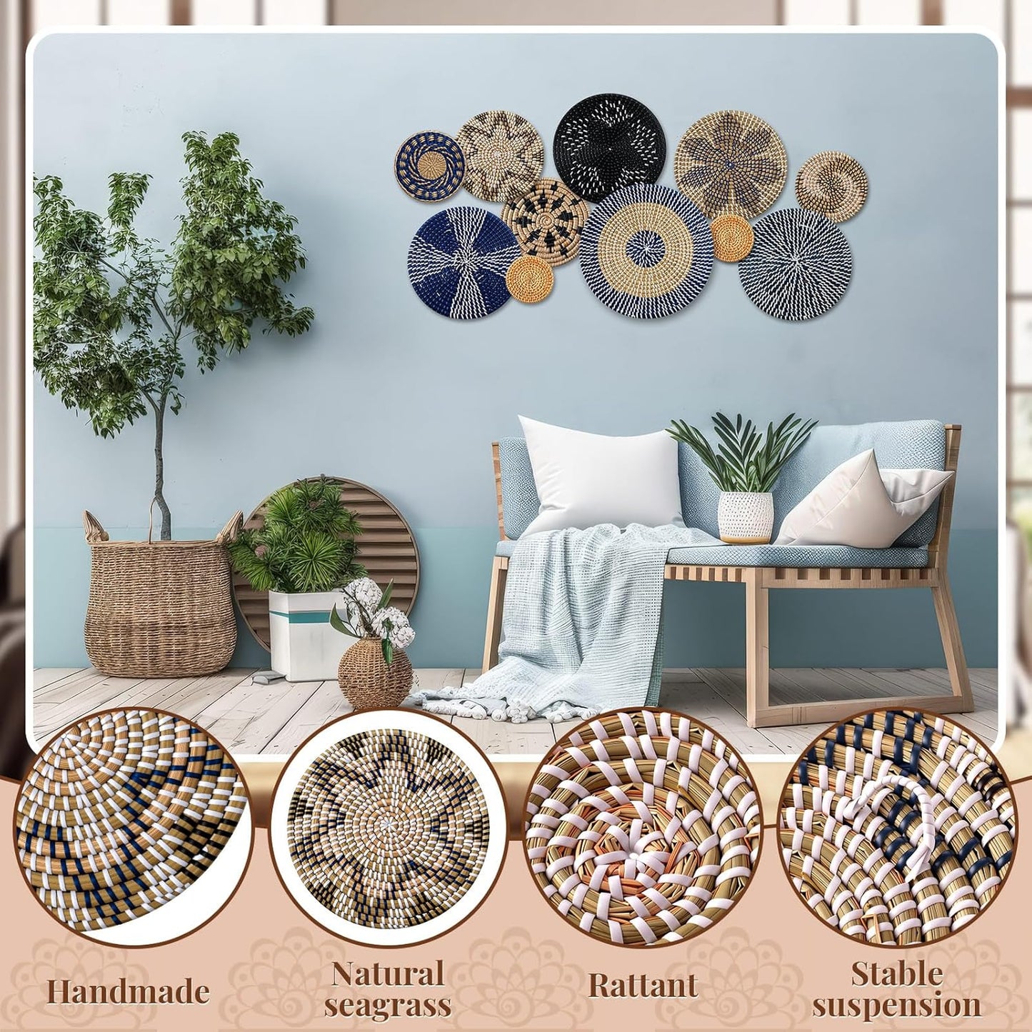 Boho Wall Basket Decor Bulrush Woven Wall Hanging Art Round Farmhouse Rustic / Blue / Set of 11