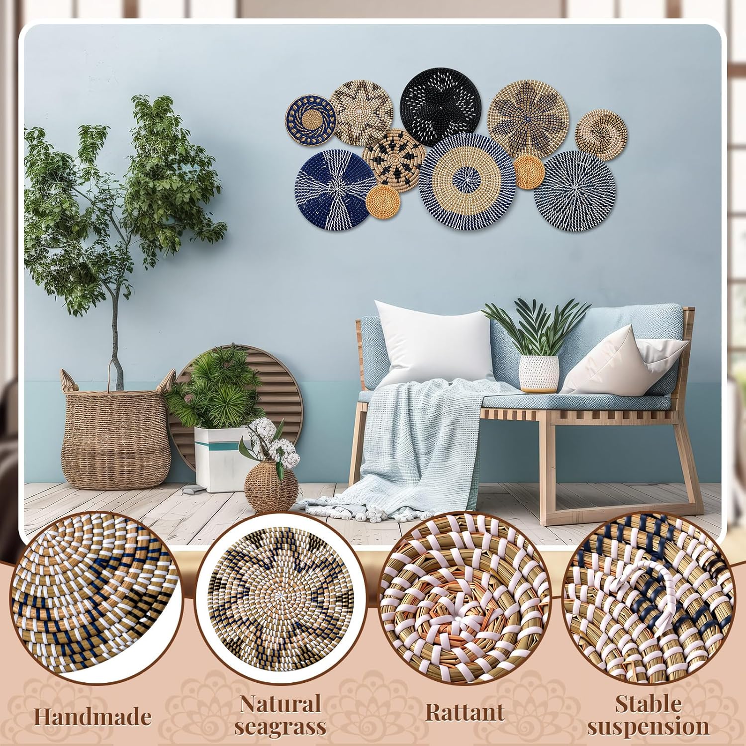Boho Wall Basket Decor Bulrush Woven Wall Hanging Art Round Farmhouse Rustic / Blue / Set of 11