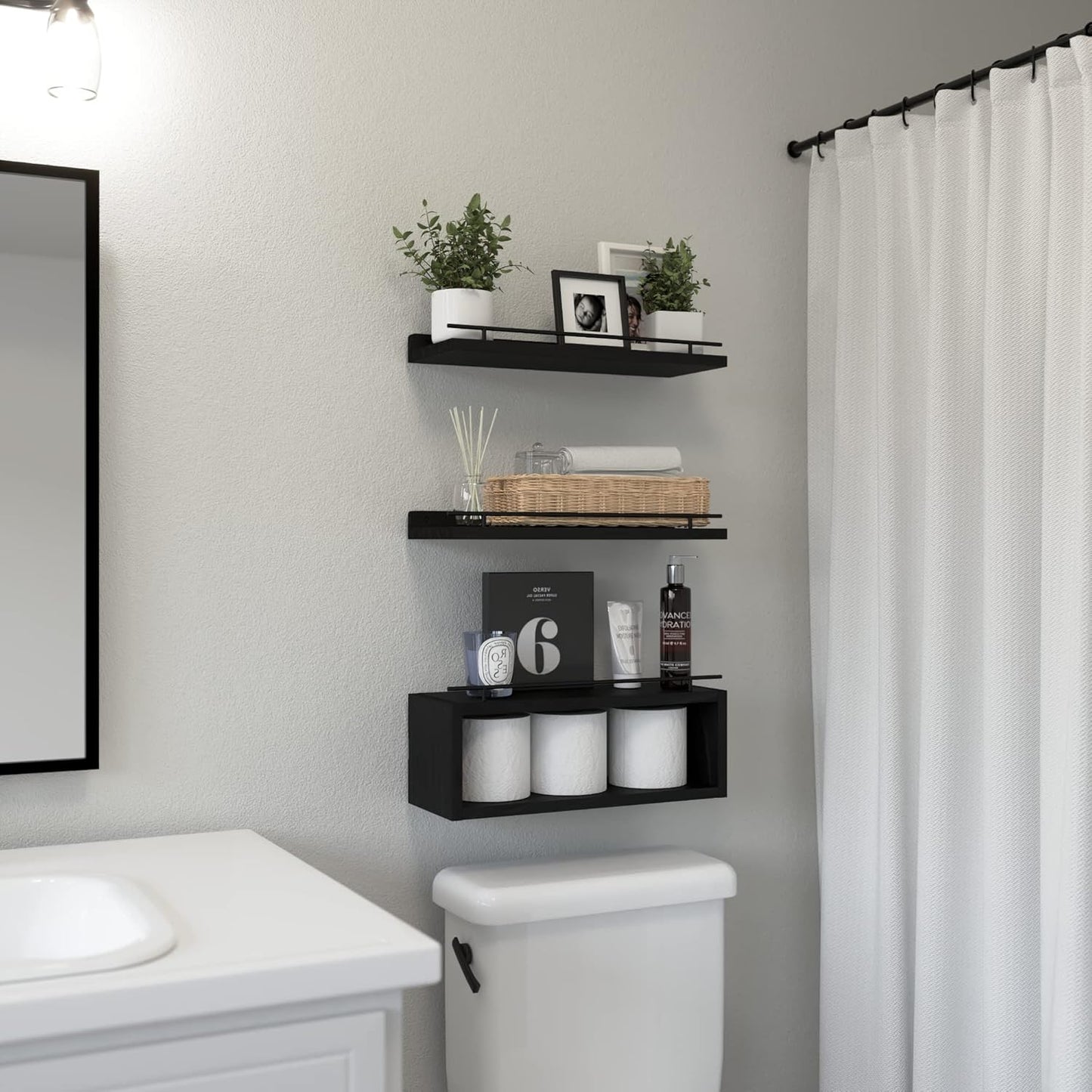 Floating Shelves for Wall with Cube Shelf, Wall Shelves with Metal Rail for Bathroom Decor, Bathroom Organizers and