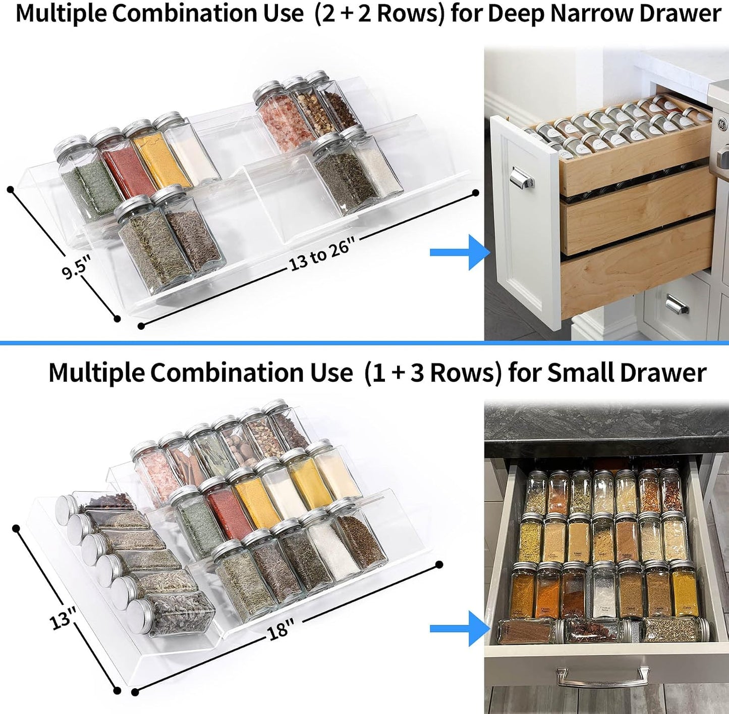 MIUKAA Clear Acrylic Spice Drawer Organizer, 4 Tier- 2 Set Expandable From 13" to 26" Drawer Seasoning Organizer