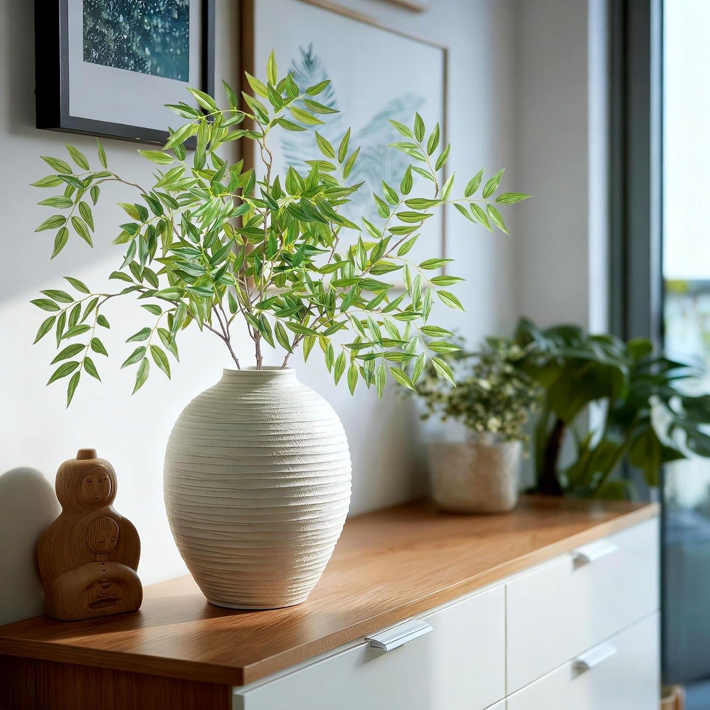 Fake Plants Faux Bamboo Leaves Stems Artificial Greenery Stems Artificial / Green-zyj4 / 32.3 Inch