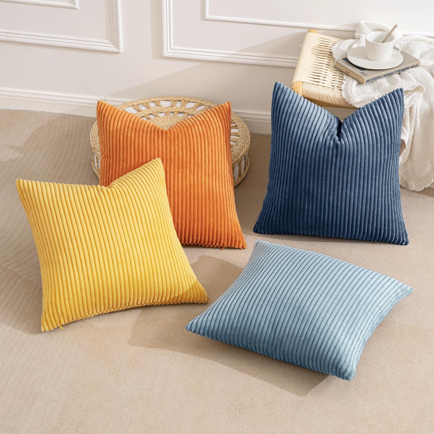 Corduroy Decorative Throw Pillow Covers Soft Boho Striped Pillow / 18 x 18 / Blue-orange / Set of 4