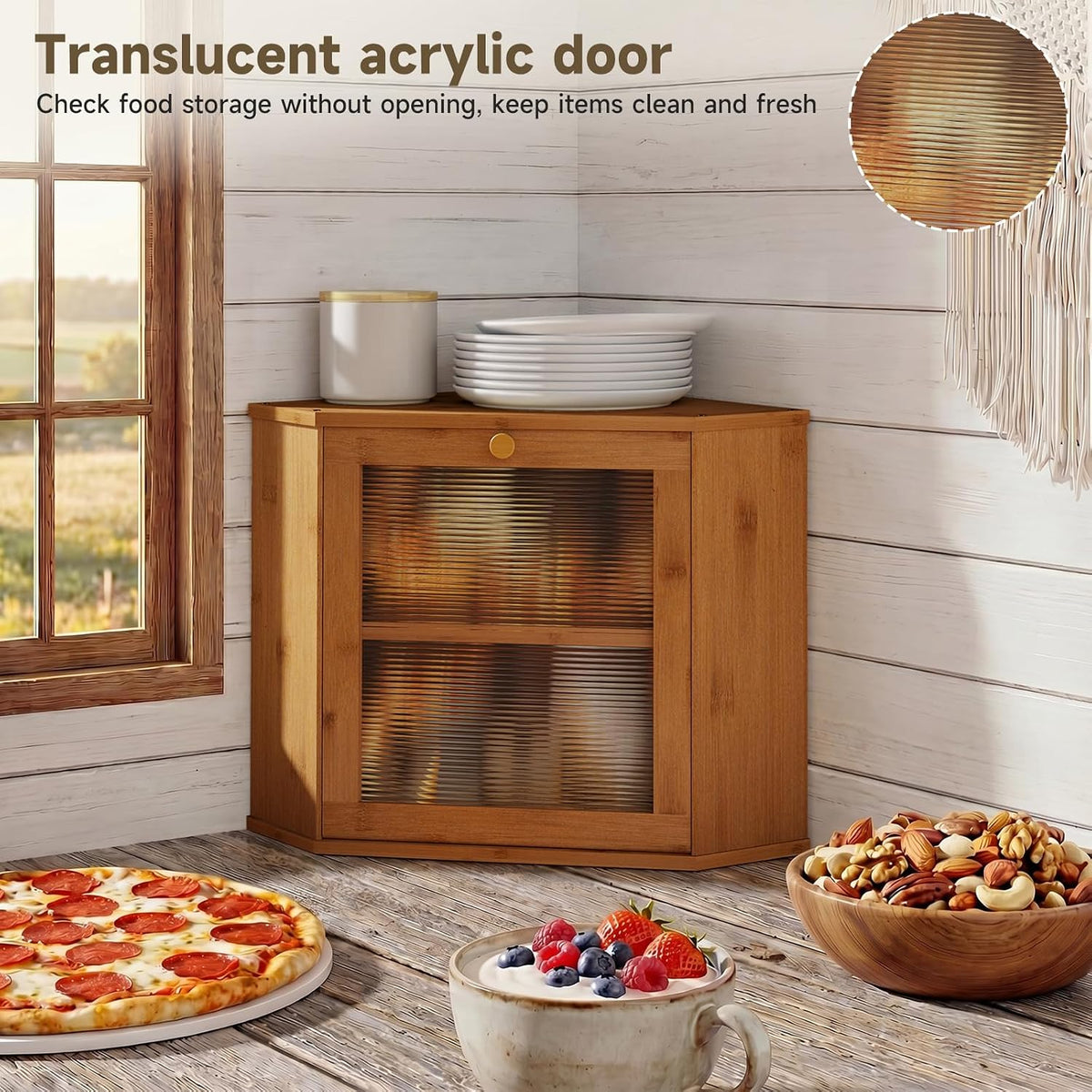 Bread Box for Kitchen Corner Countertop,Large Bread Basket (Brown, Large) | Double Layer Bamboo Bread Storage Container